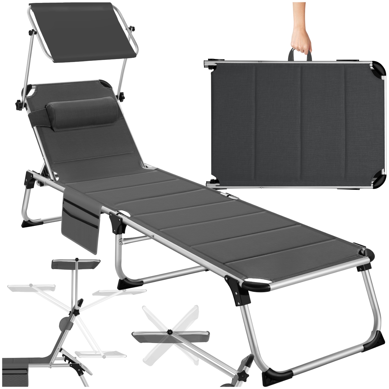 tectake&reg; Sonnenliege, gepolstert, klappbar, 6-fach verstellbare R&uuml;ckenlehne mit Kopfpolster, 220 x 60,5 x 34 cm, mit Seitentasche - Bild 1