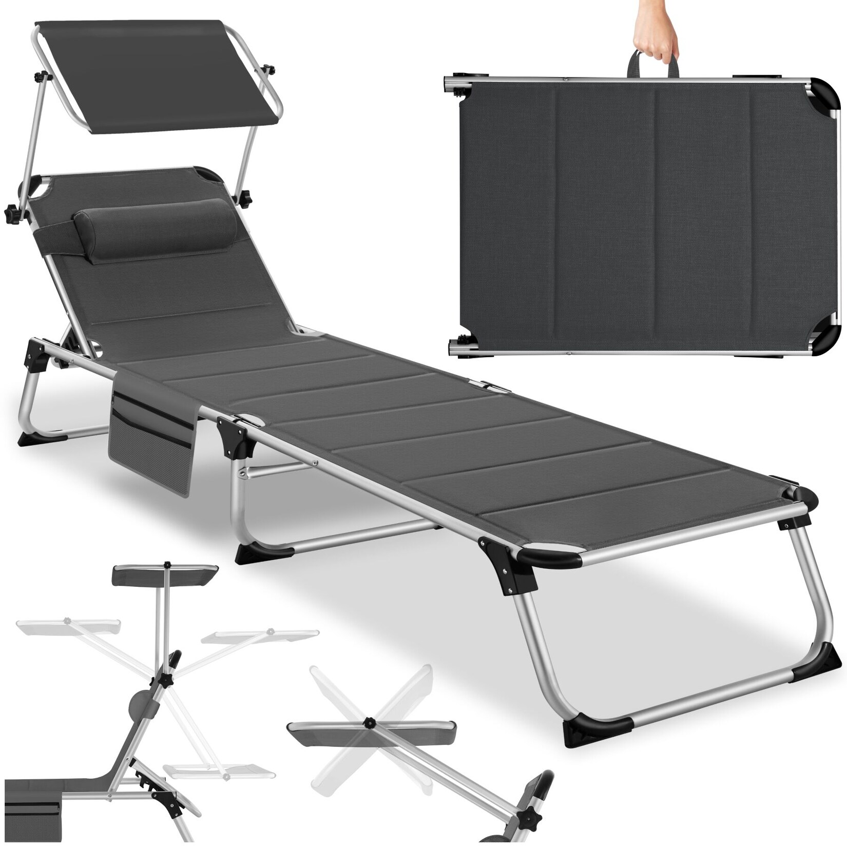 tectake® Sonnenliege, gepolstert, klappbar, 6-fach verstellbare Rückenlehne mit Kopfpolster, 220 x 60,5 x 34 cm, mit Seitentasche