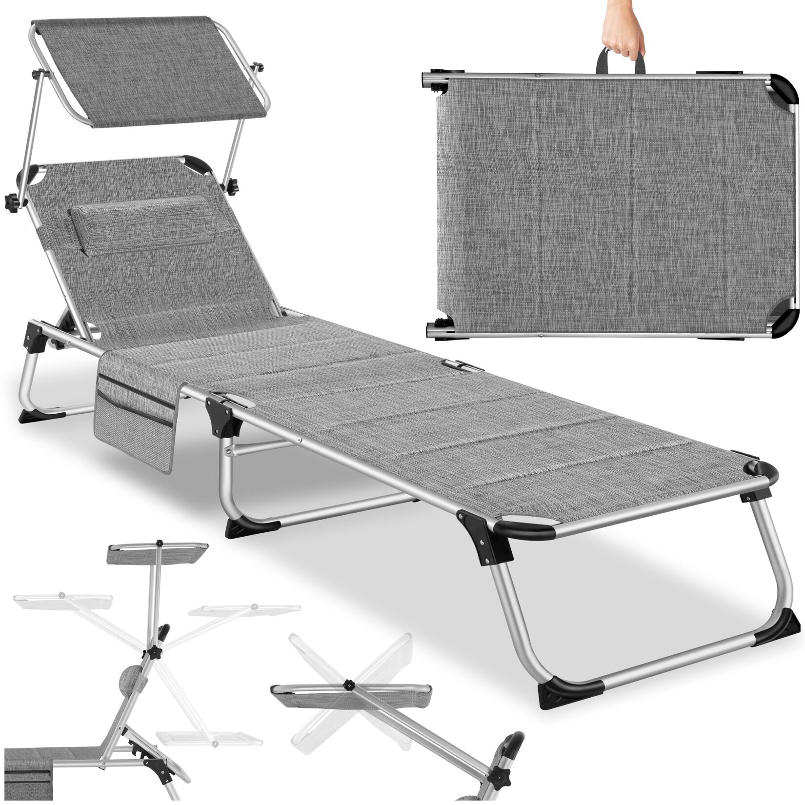 tectake® Sonnenliege, gepolstert, klappbar, 6-fach verstellbare Rückenlehne mit Kopfpolster, 220 x 60,5 x 34 cm, mit Seitentasche