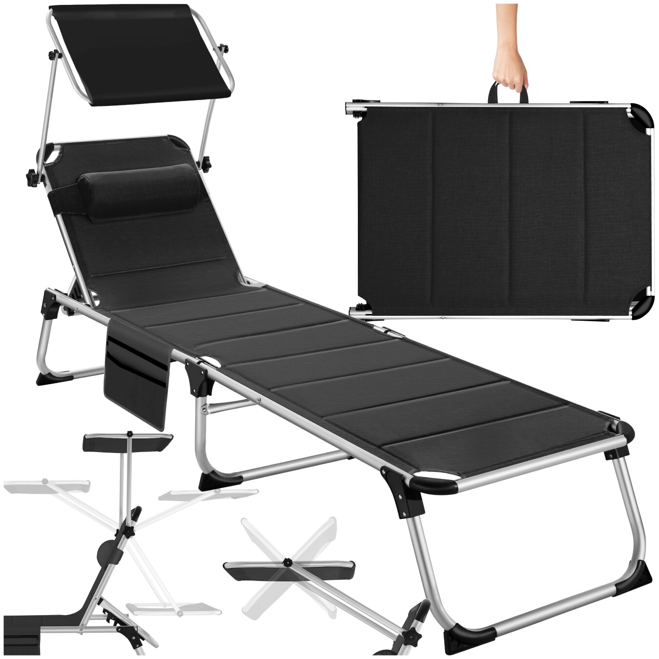 tectake&reg; Aluminium Sonnenliege, gepolstert, klappbar, 6-fach verstellbare R&uuml;ckenlehne mit Kopfpolster, 220 x 60,5 x 34 cm, mit Seitentasche - Bild 1