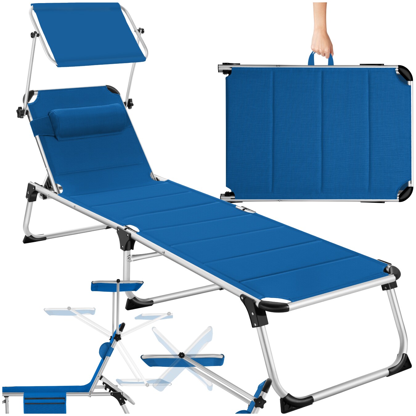 tectake® Sonnenliege, gepolstert, klappbar, 6-fach verstellbare Rückenlehne mit Kopfpolster, 220 x 60,5 x 34 cm, mit Seitentasche