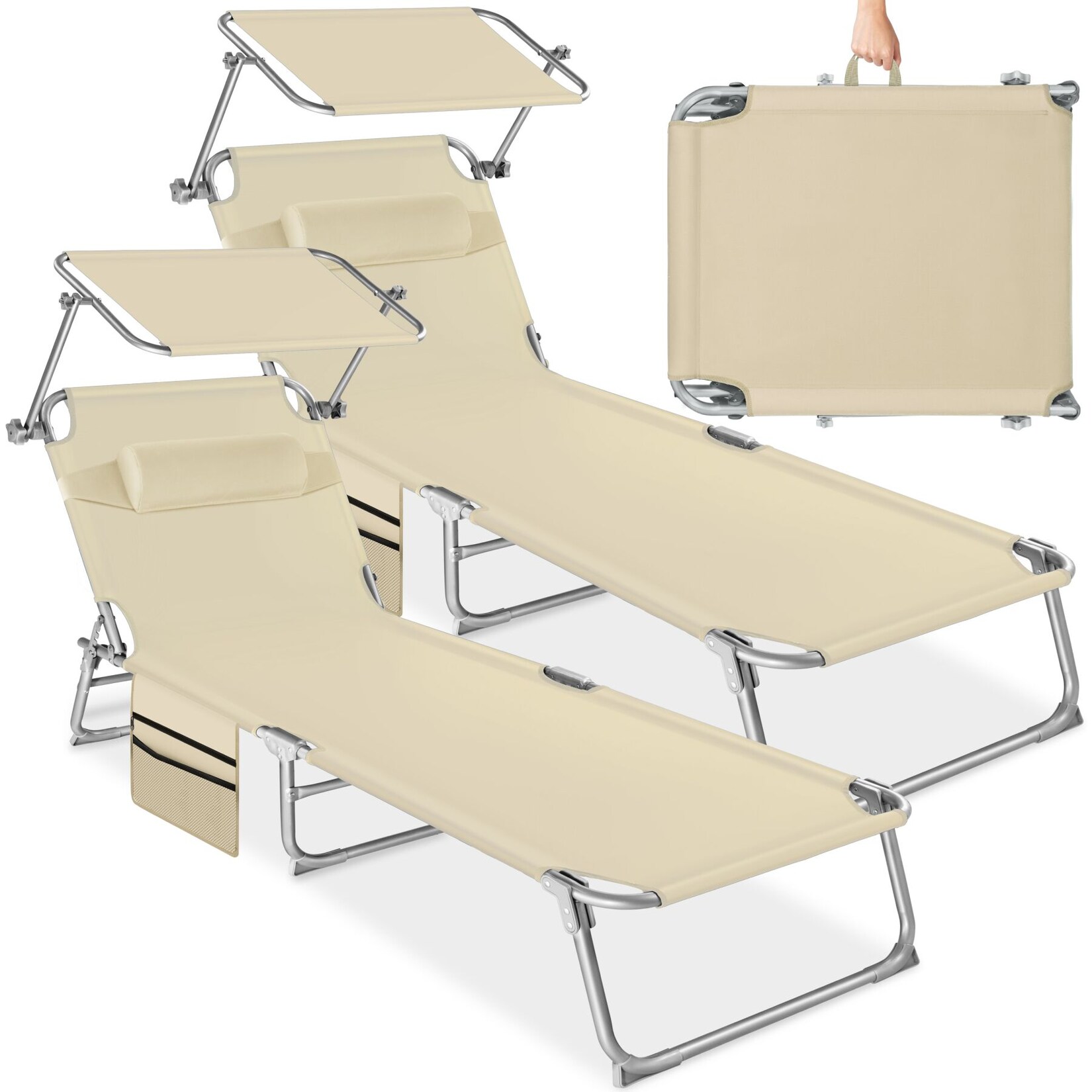 tectake® 2er Set Sonnenliege, klappbar, 4-fach verstellbare Rückenlehne mit Kopfpolster, 190 x 68 x 28 cm, mit Seitentasche