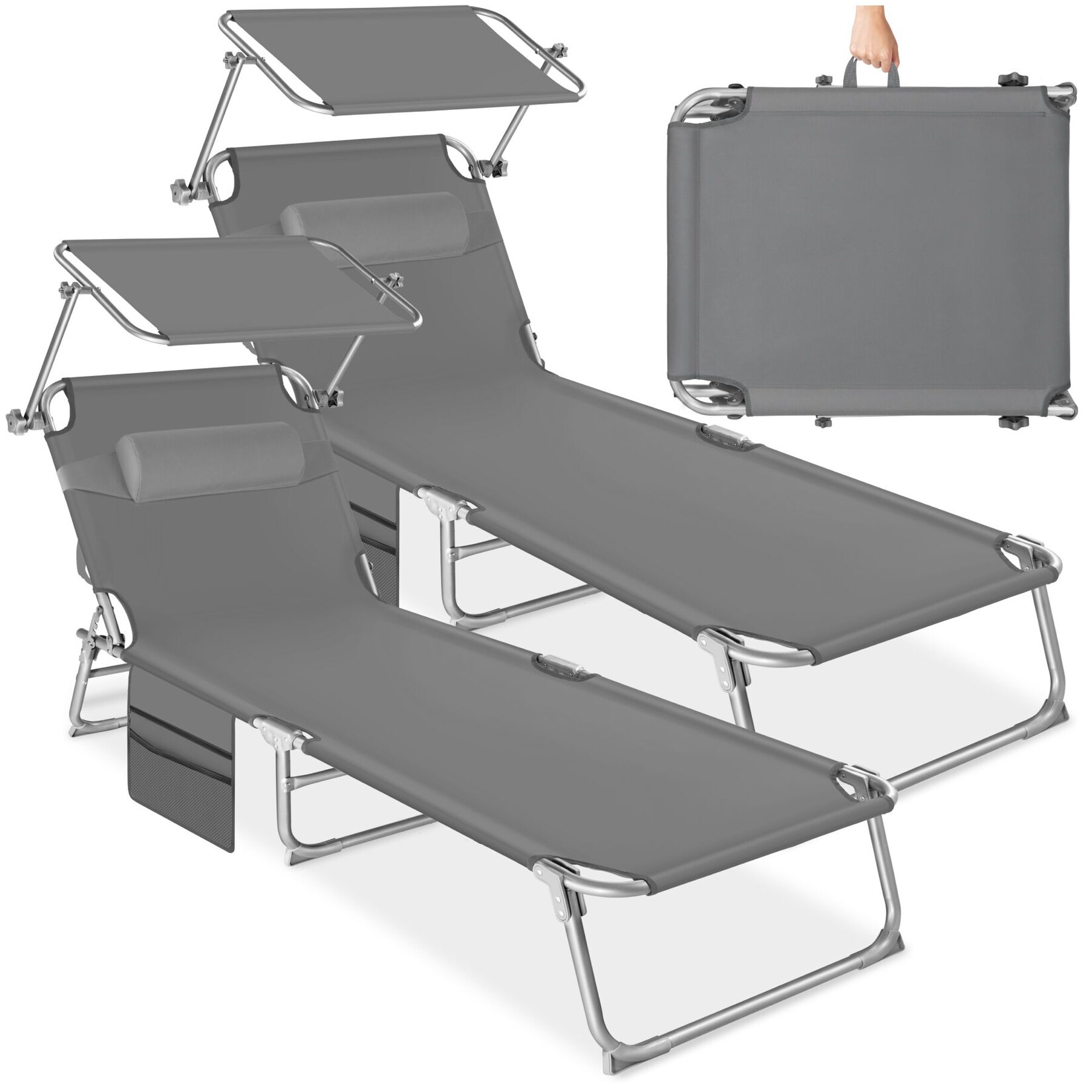 tectake® 2er Set Sonnenliege, klappbar, 4-fach verstellbare Rückenlehne mit Kopfpolster, 190 x 68 x 28 cm, mit Seitentasche
