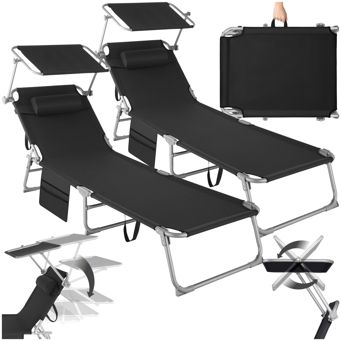 tectake® 2er Set Sonnenliege, klappbar, 4-fach verstellbare Rückenlehne mit Kopfpolster, 190 x 68 x 28 cm, mit Seitentasche | 04061173260277