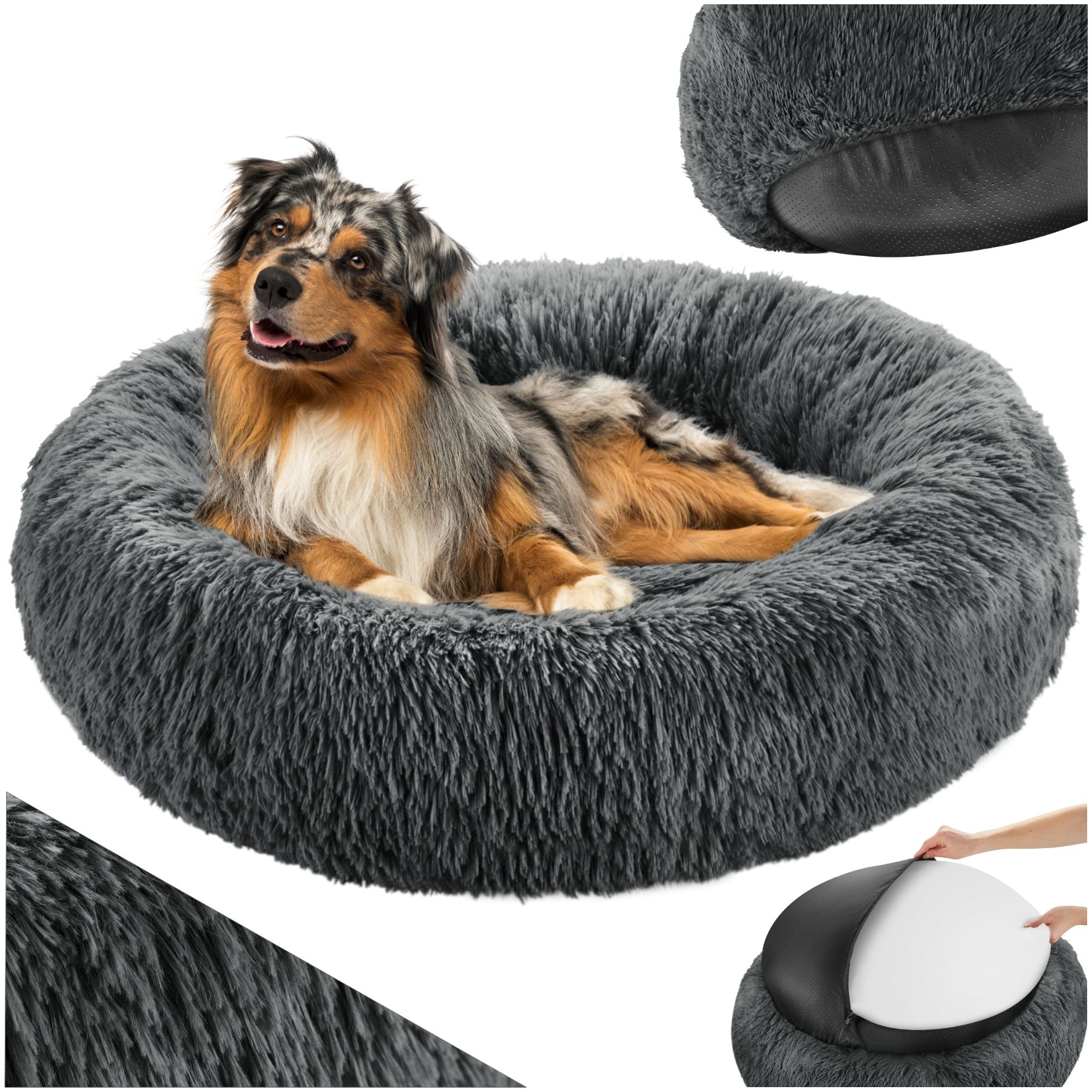tectake&reg; Hundebett, rund mit langem Pl&uuml;sch, rutschfeste Unterseite, waschbar - Bild 1