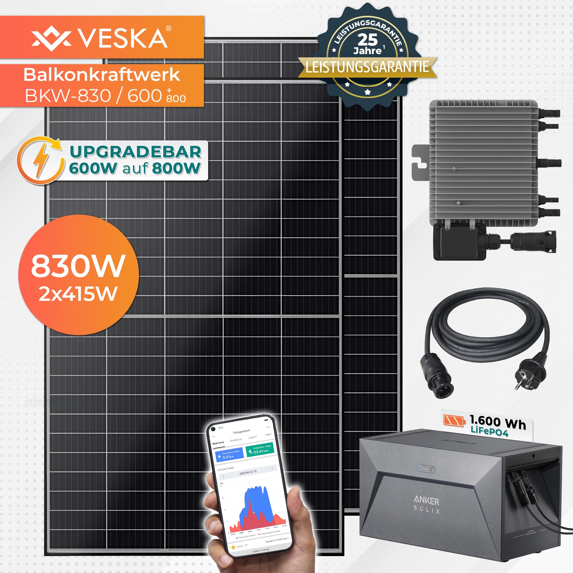 VESKA&reg; Balkonkraftwerk 830W/600 mit Upgradefunktion auf 800W und 1,6 kWh Batteriespeicher - Bild 1