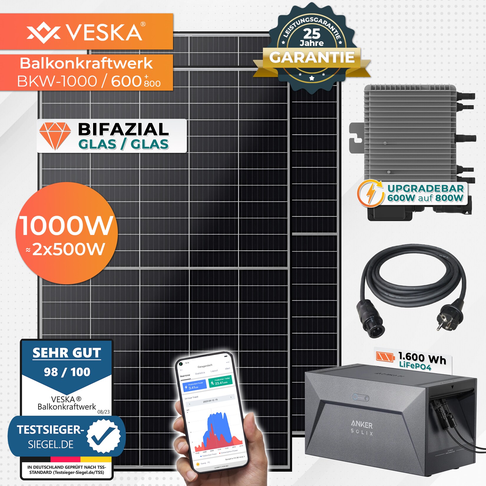 VESKA® Balkonkraftwerk 1000W/600+800W Bifazial und 1,6 kWh Batteriespeicher | 04054748021021