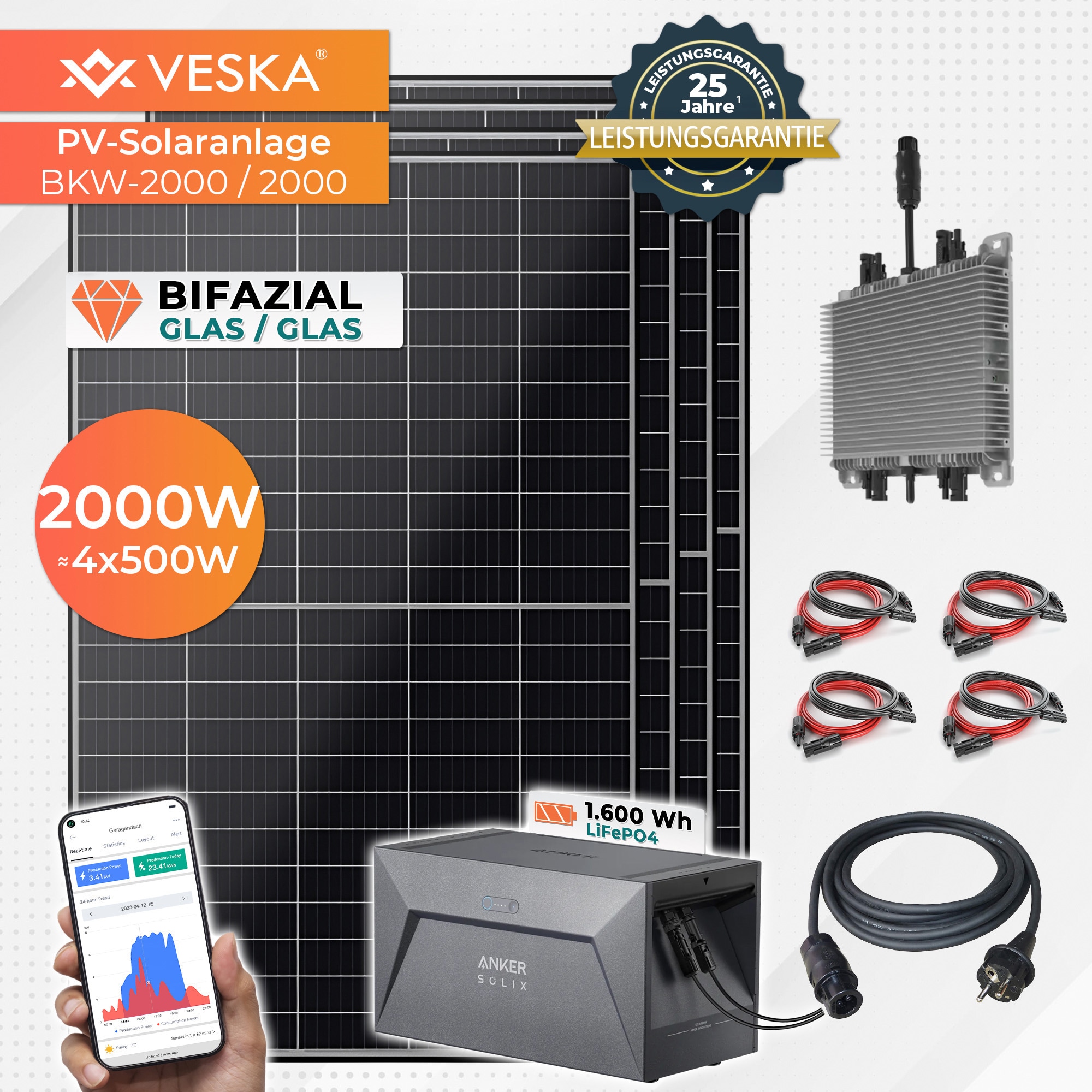 VESKA&reg; Solaranlage 2000/2000W Bifazial und 1,6 kWh Batteriespeicher - Bild 1