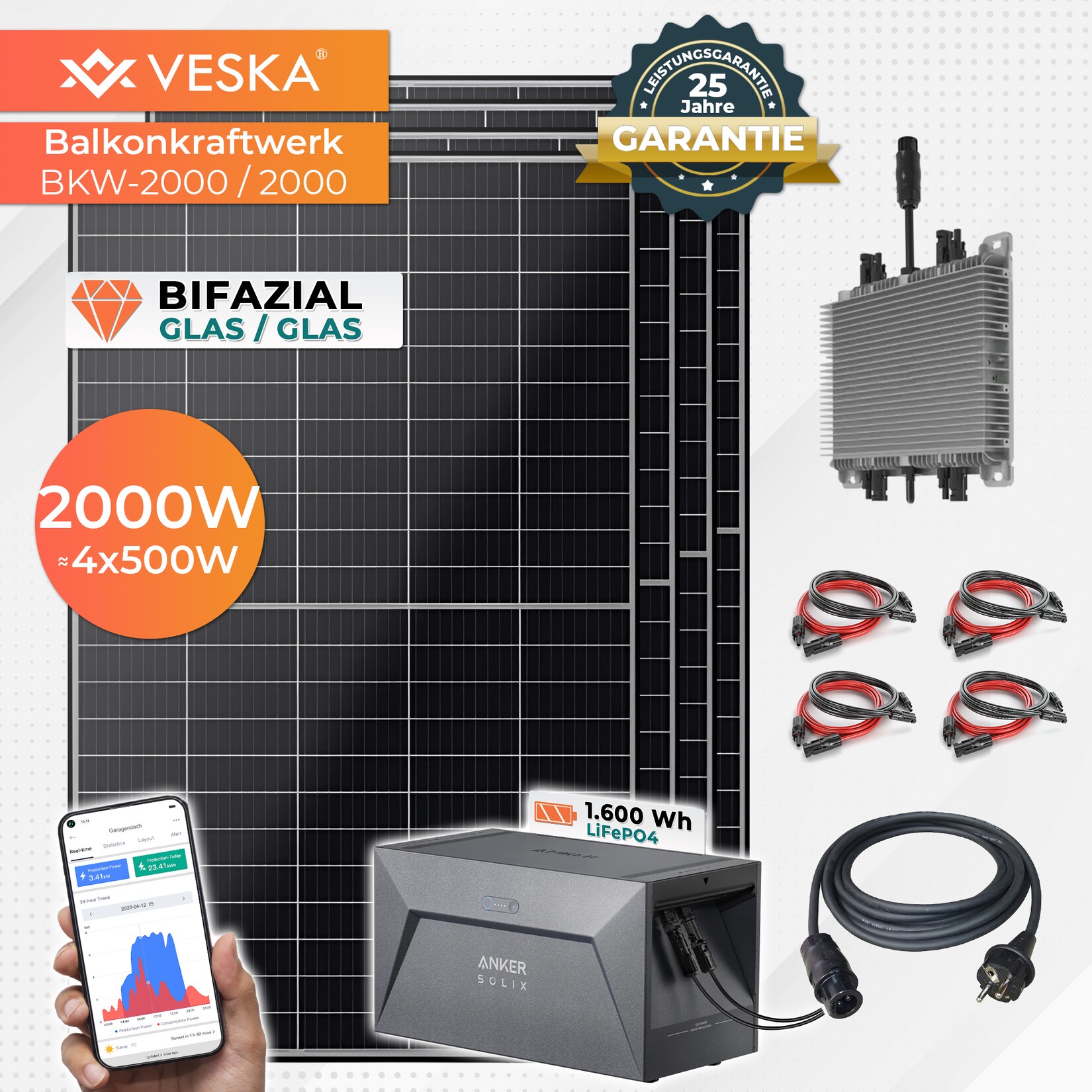 VESKA® Solaranlage 2000/2000W Bifazial und 1,6 kWh Batteriespeicher | 04054748021038