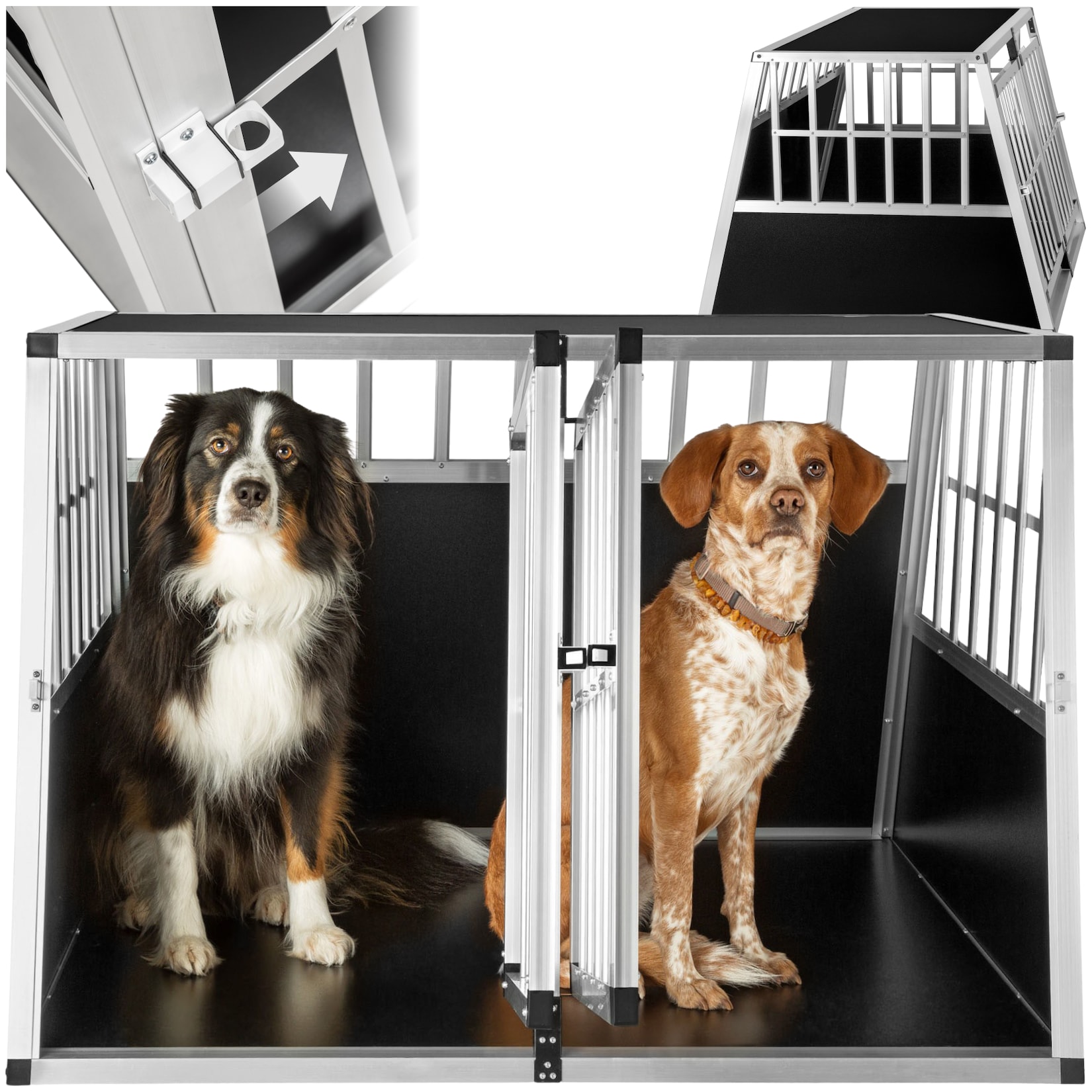 tectake® Hundetransportbox doppel, mit schräger Rückwand, verschließbare Gittertür, mit schützenden Kunststoffecken
