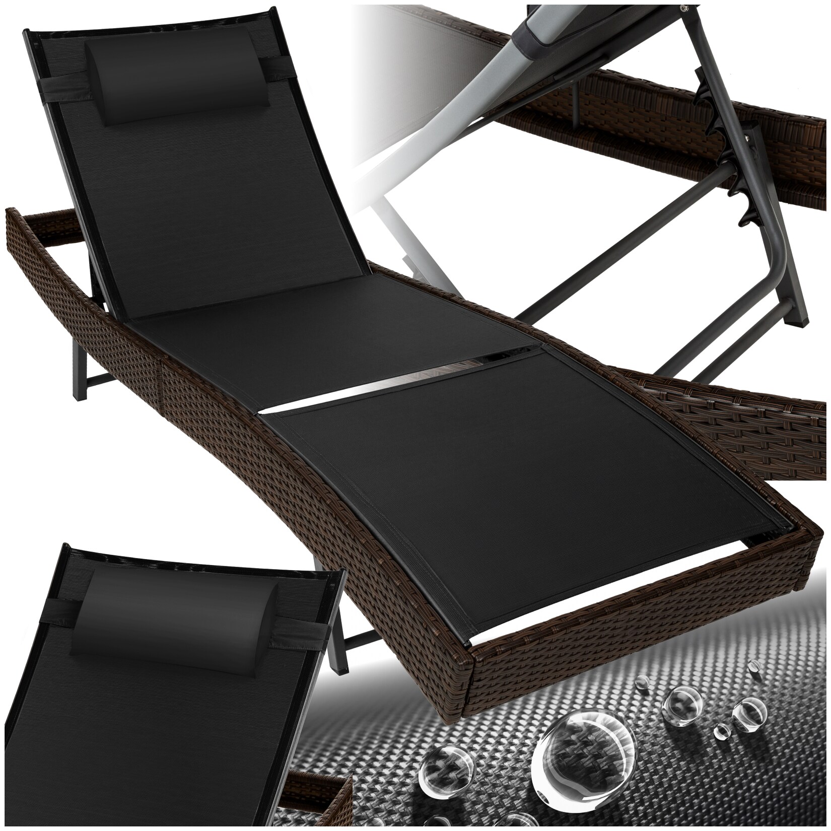 tectake® Rattan Sonnenliege, widerstandsfähig und UV-beständig, 6-fach verstellbare Rückenlehne, 69 x 211 x 41 - 94 cm