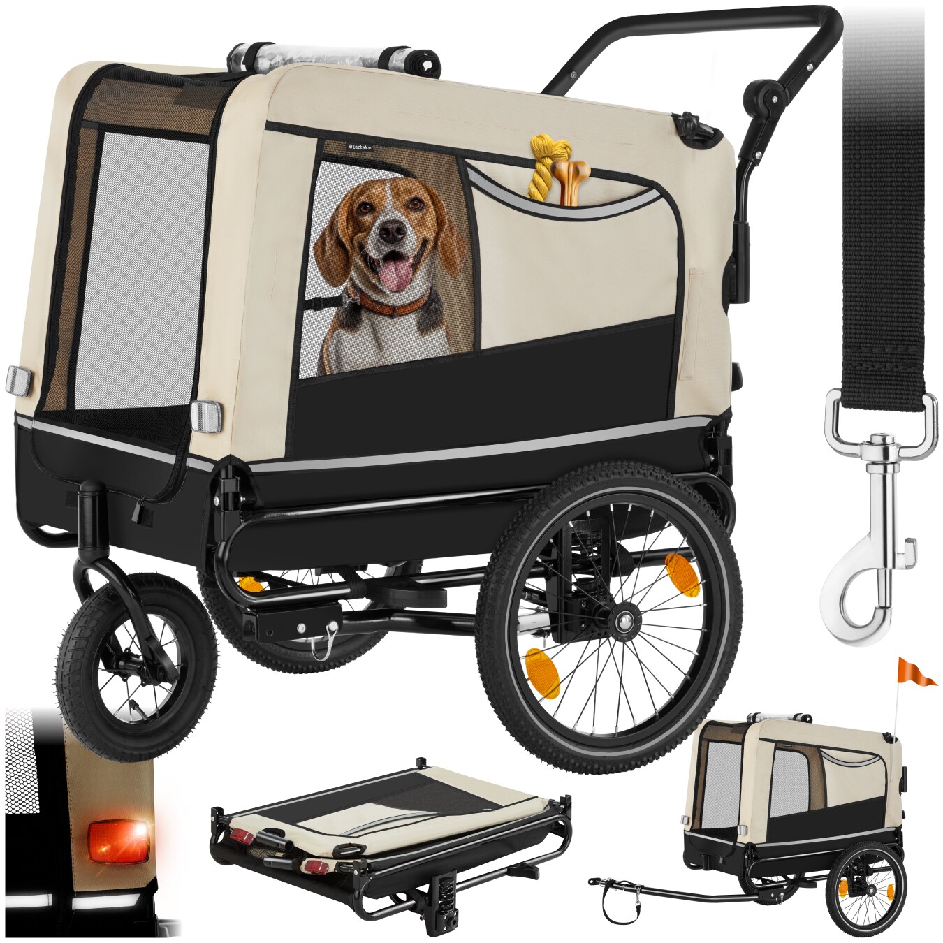 tectake® Hundeanhänger, 3in1 multifunktional, gefedert, Belastbarkeit 40 kg, 240 Liter, inklusive Reflektoren, Leine und Warnfahne