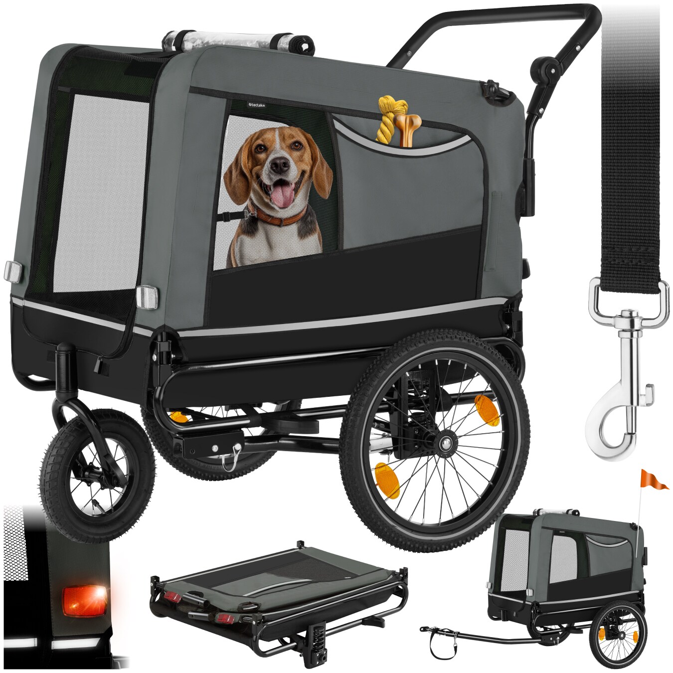 tectake® Hundeanhänger, 3in1 multifunktional, gefedert, Belastbarkeit 40 kg, 240 Liter, inklusive Reflektoren, Leine und Warnfahne