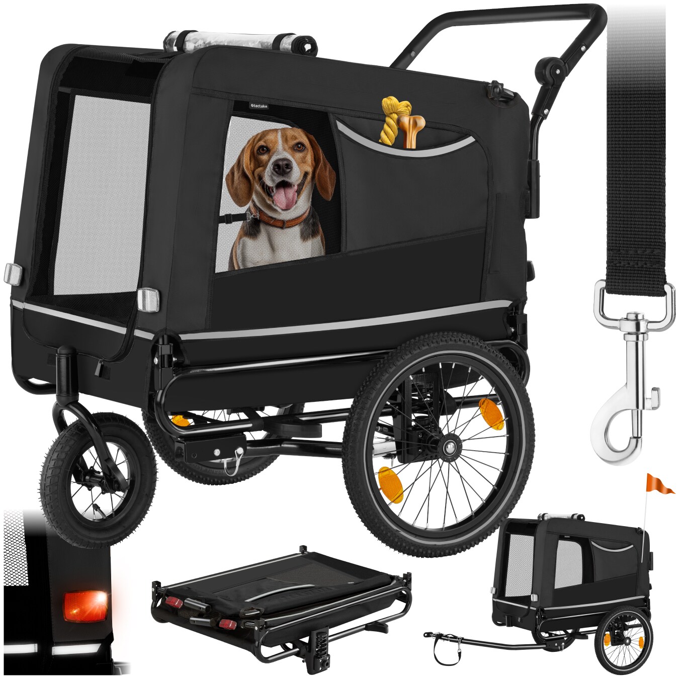 tectake® Hundeanhänger, 3in1 multifunktional, gefedert, Belastbarkeit 40 kg, 240 Liter, inklusive Reflektoren, Leine und Warnfahne