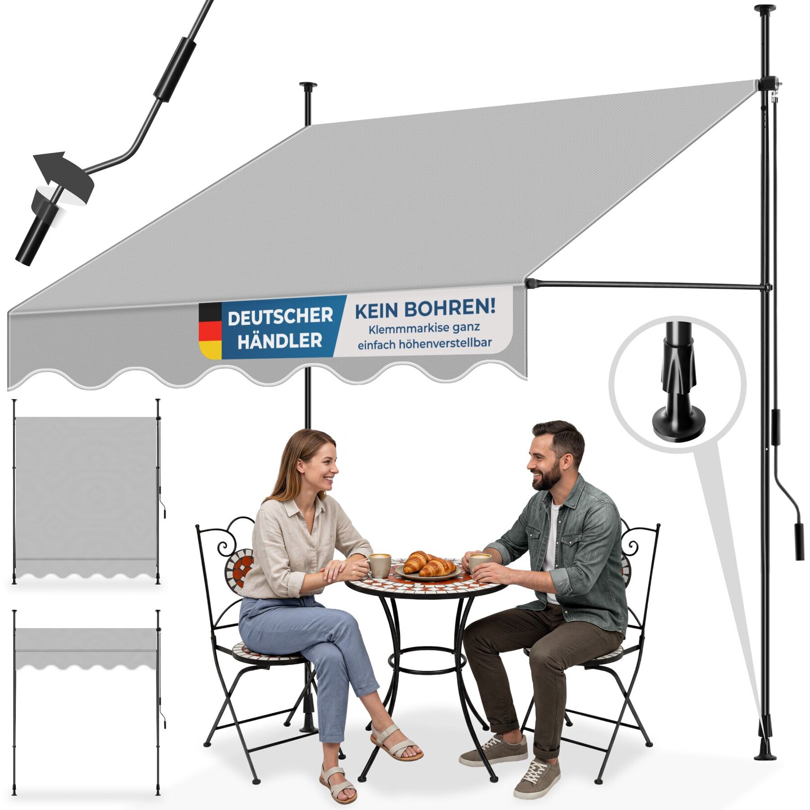 tectake® Klemmmarkise, mit Handkurbel, höhenverstellbar 211 - 304 cm, einfache Montage