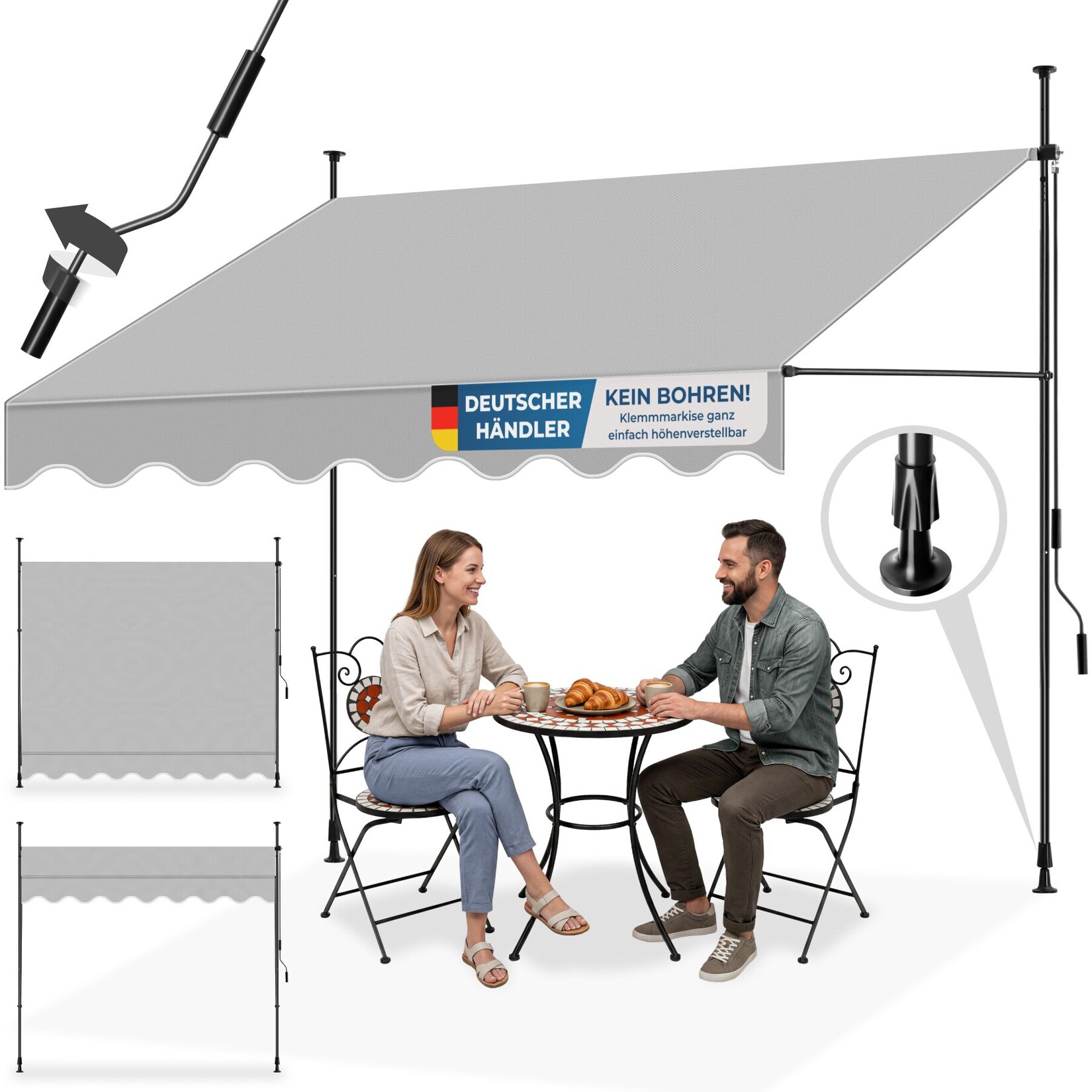 tectake® Klemmmarkise, mit Handkurbel, höhenverstellbar 211 - 304 cm, einfache Montage