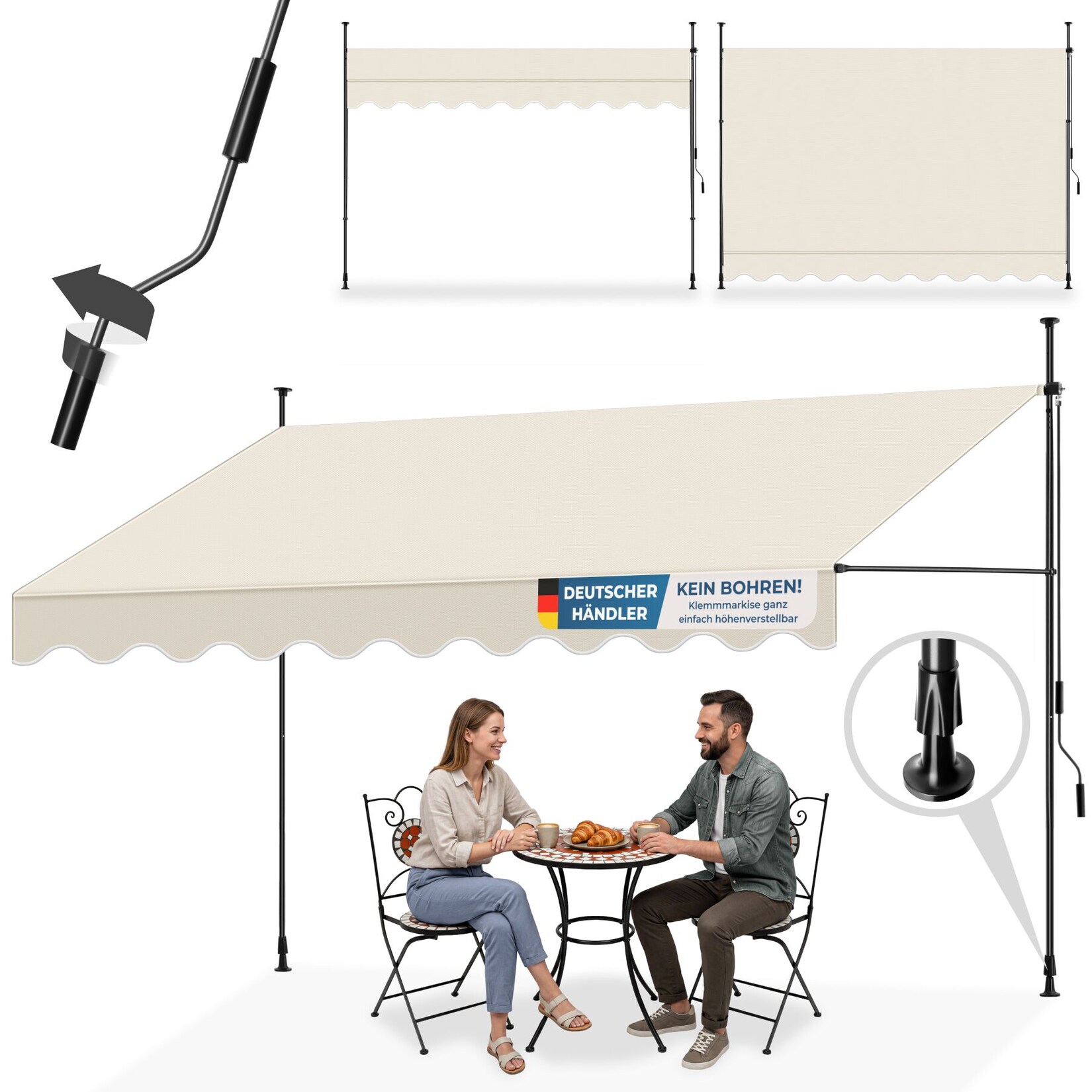 tectake® Klemmmarkise, mit Handkurbel, höhenverstellbar 211 - 304 cm, einfache Montage