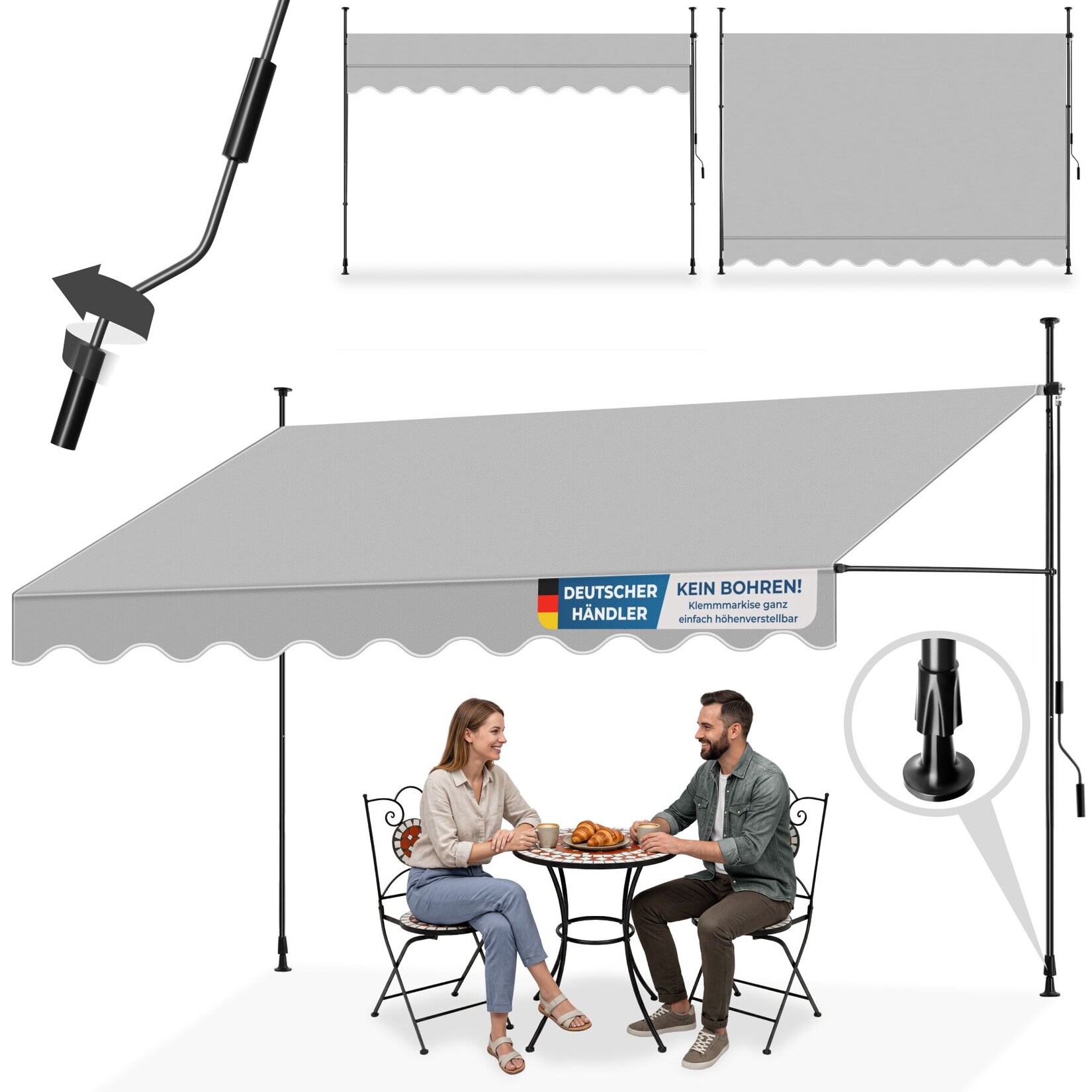 tectake® Klemmmarkise, mit Handkurbel, höhenverstellbar 211 - 304 cm, einfache Montage