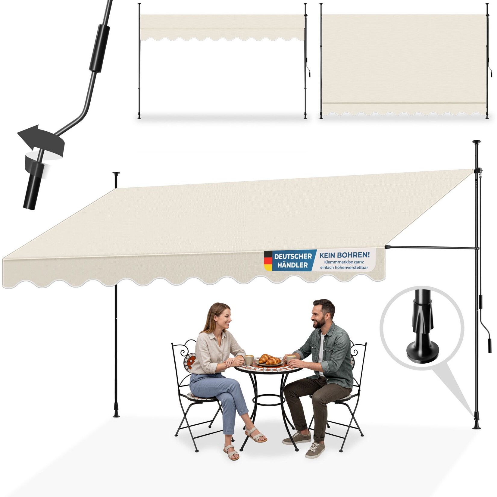 tectake® Klemmmarkise, mit Handkurbel, höhenverstellbar 211 - 304 cm, einfache Montage