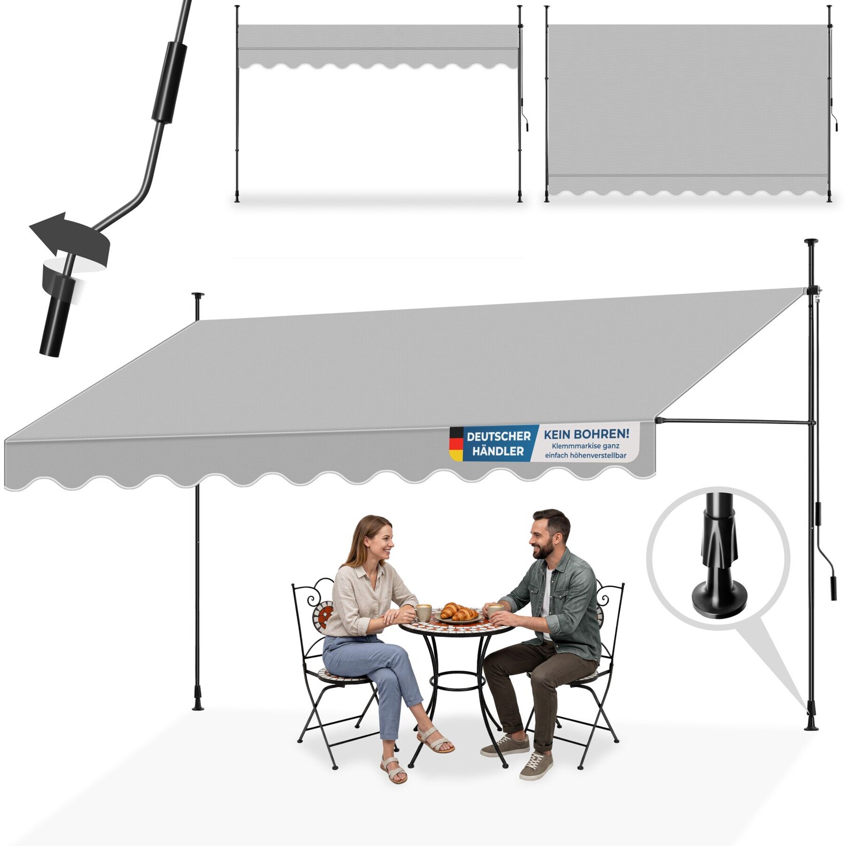 tectake® Klemmmarkise, mit Handkurbel, höhenverstellbar 211 - 304 cm, einfache Montage