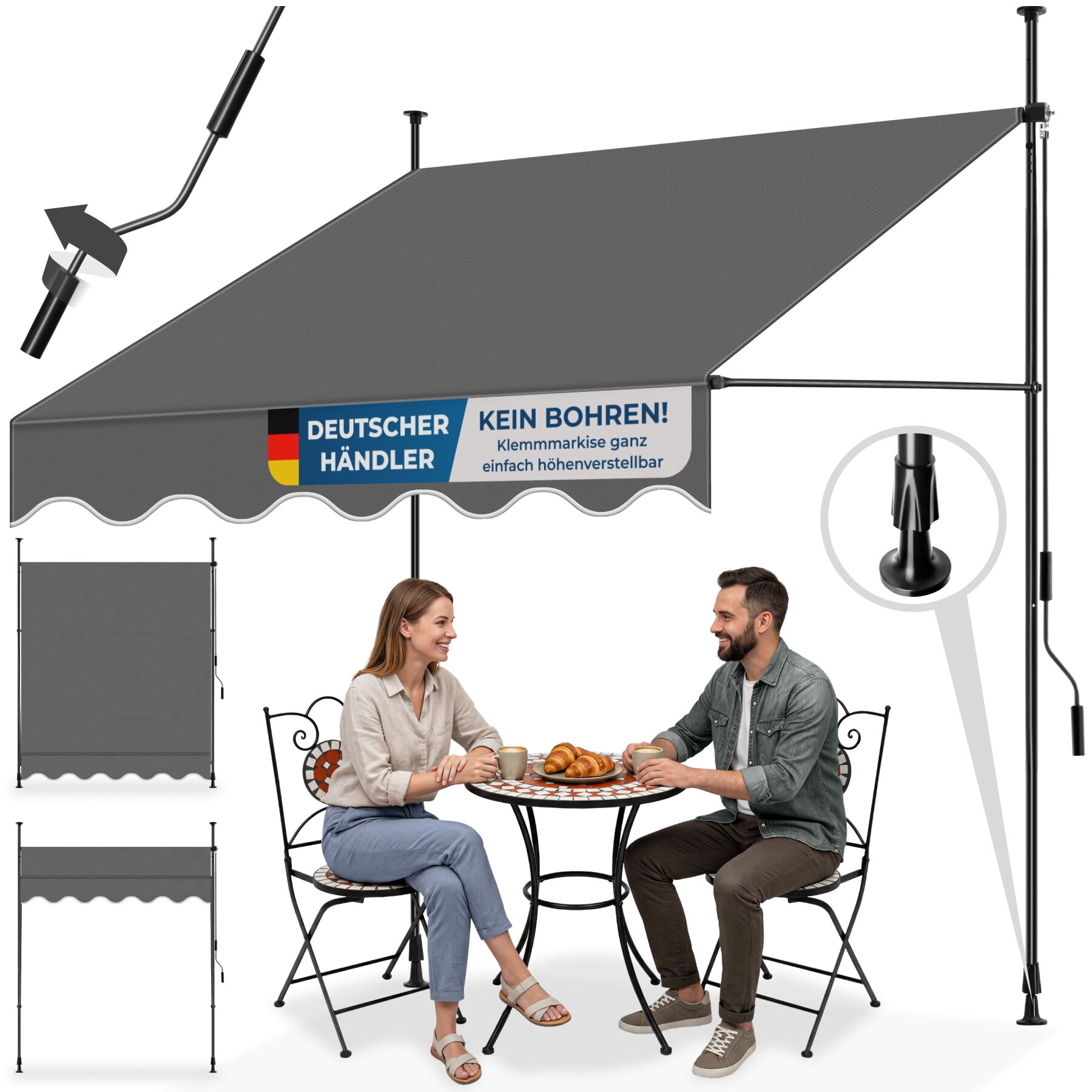 tectake&reg; Klemmmarkise mit Handkurbel, ohne Bohren, UV-best&auml;ndig, bis 90&deg; neigbar, wasserabweisend - Bild 1