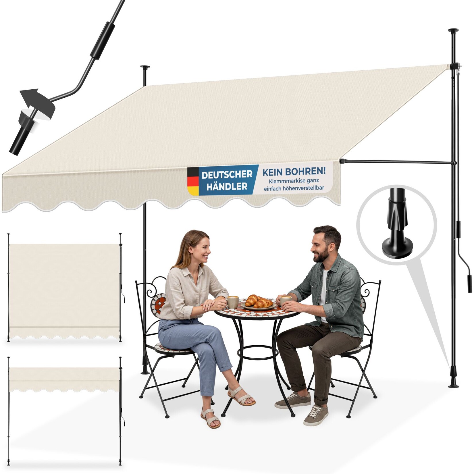 tectake® Klemmmarkise, mit Handkurbel, höhenverstellbar 211 - 304 cm, einfache Montage