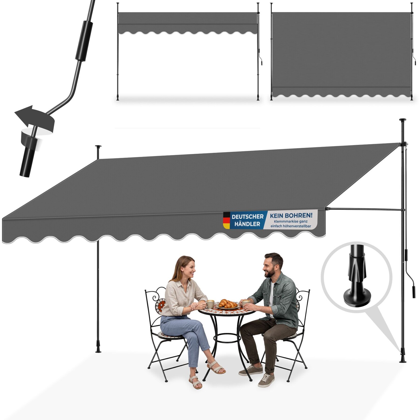 tectake® Klemmmarkise, mit Handkurbel, höhenverstellbar 211 - 304 cm, einfache Montage