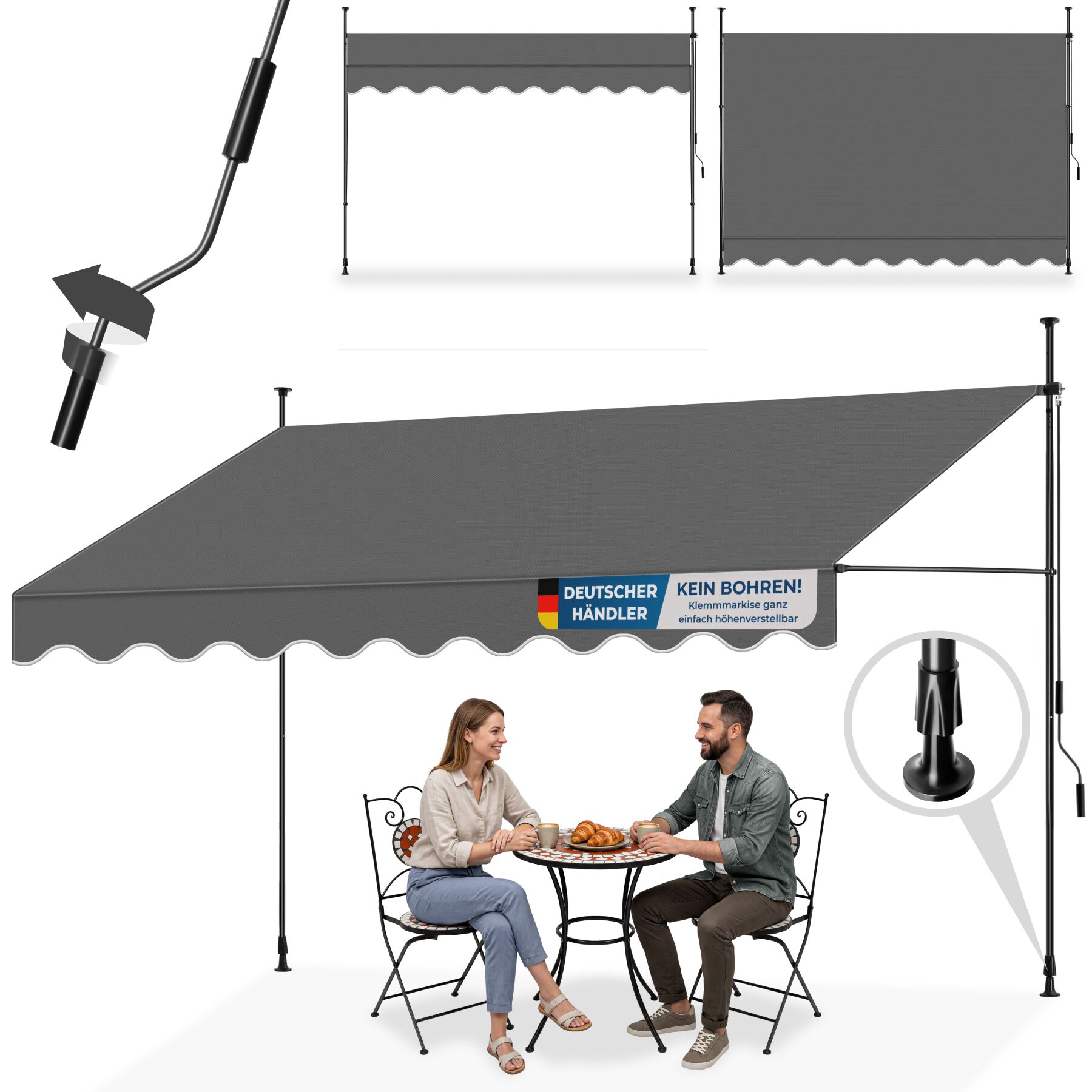 tectake&reg; Klemmmarkise mit Handkurbel, ohne Bohren, UV-best&auml;ndig, bis 90&deg; neigbar, wasserabweisend - Bild 1