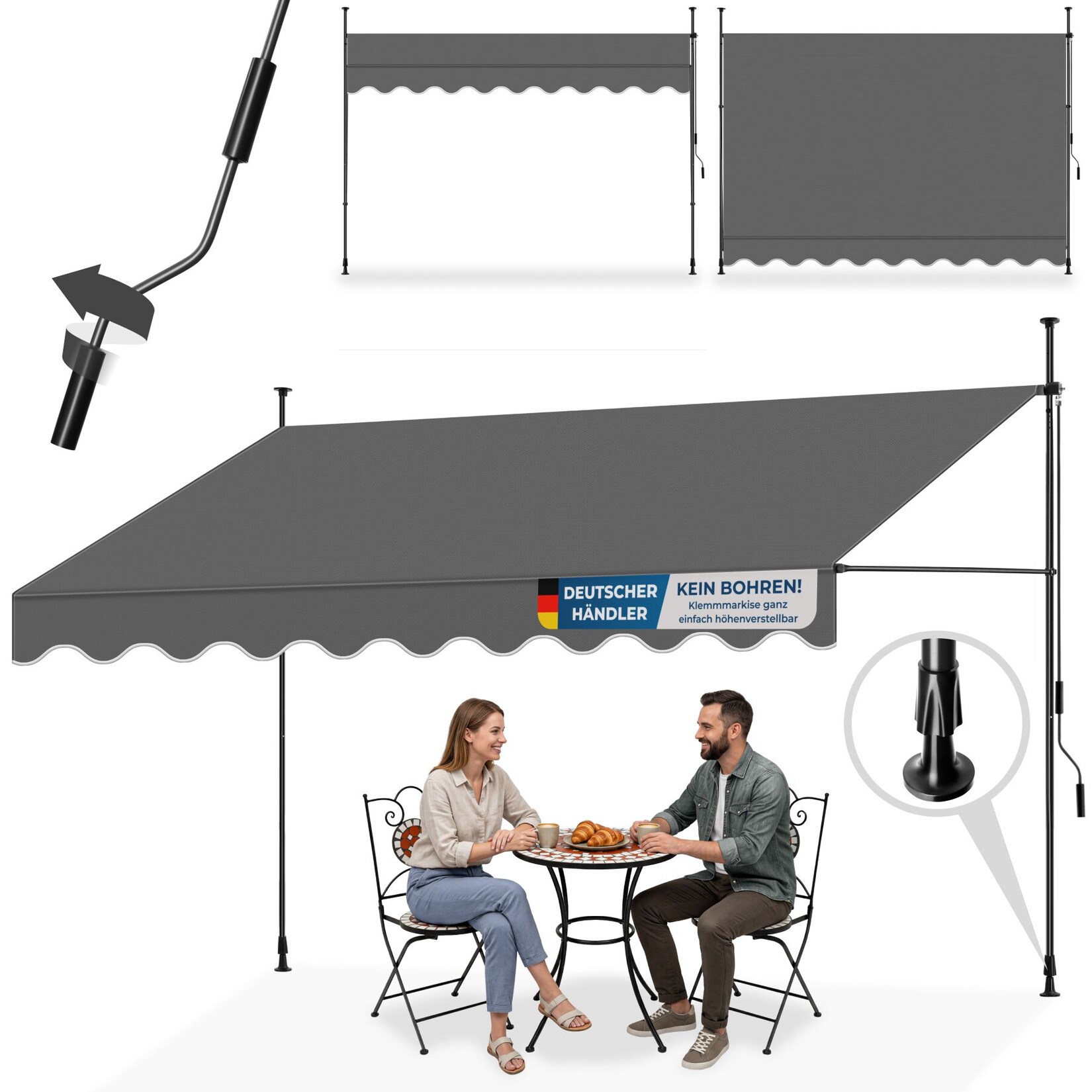 tectake® Klemmmarkise, mit Handkurbel, höhenverstellbar 211 - 304 cm, einfache Montage