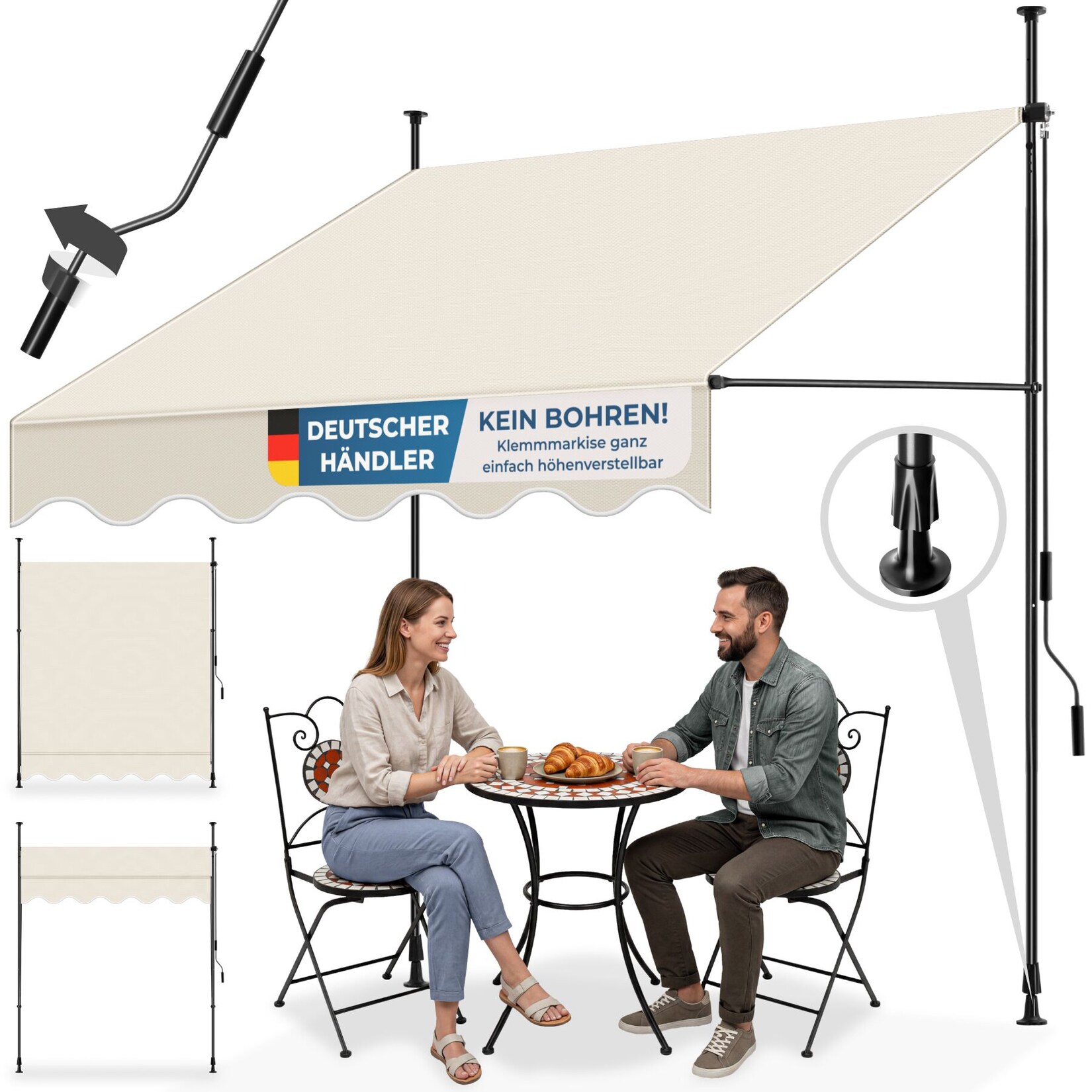 tectake® Klemmmarkise, mit Handkurbel, höhenverstellbar 211 - 304 cm, einfache Montage
