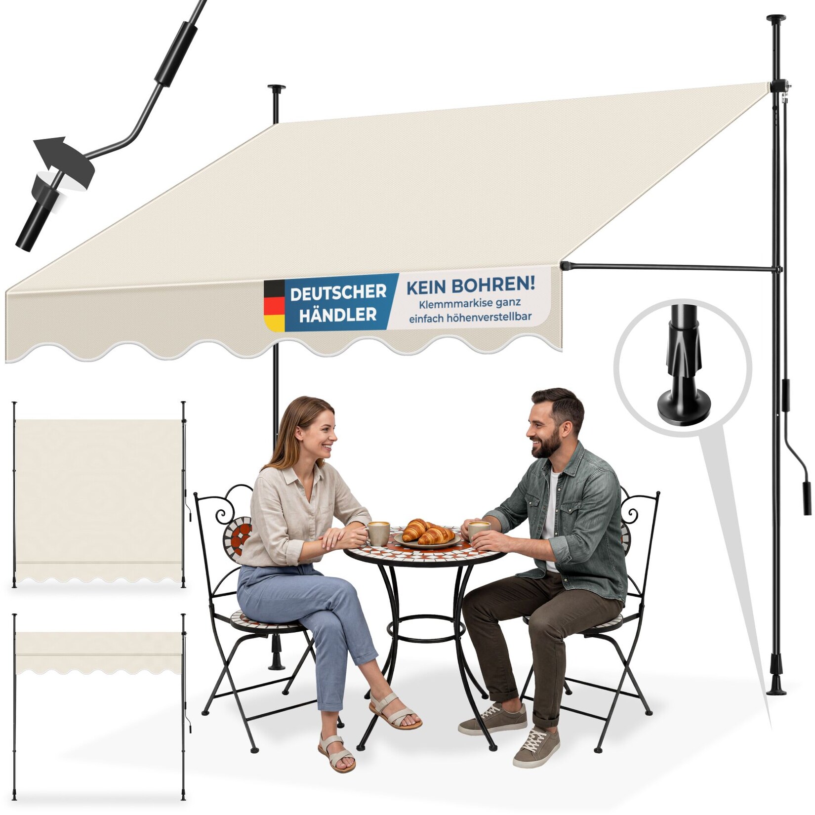 tectake® Klemmmarkise, mit Handkurbel, höhenverstellbar 211 - 304 cm, einfache Montage