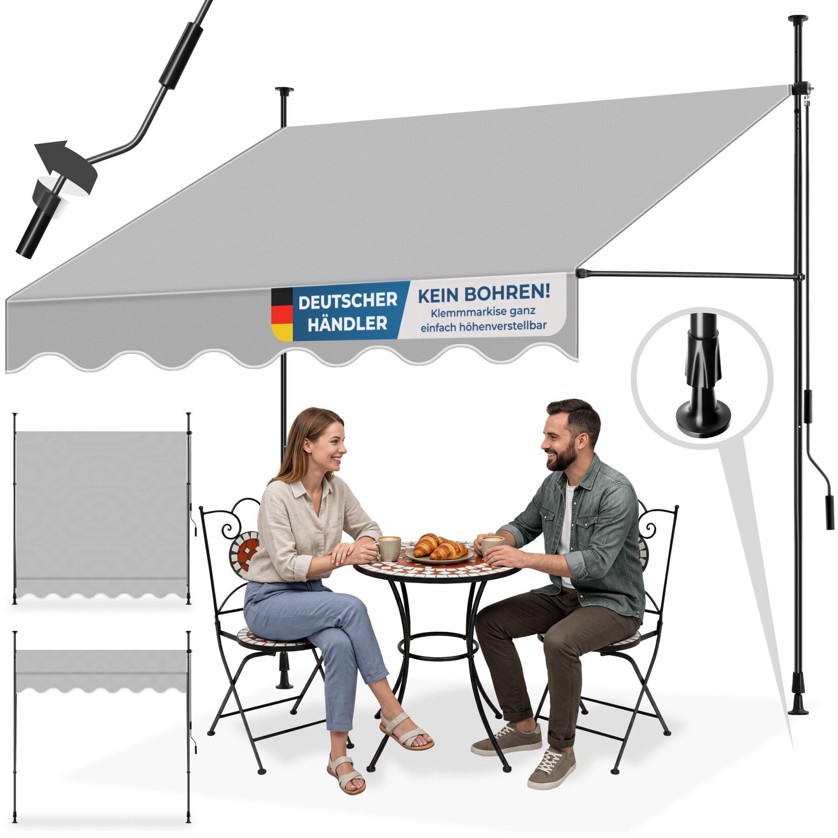 tectake® Klemmmarkise, mit Handkurbel, höhenverstellbar 211 - 304 cm, einfache Montage