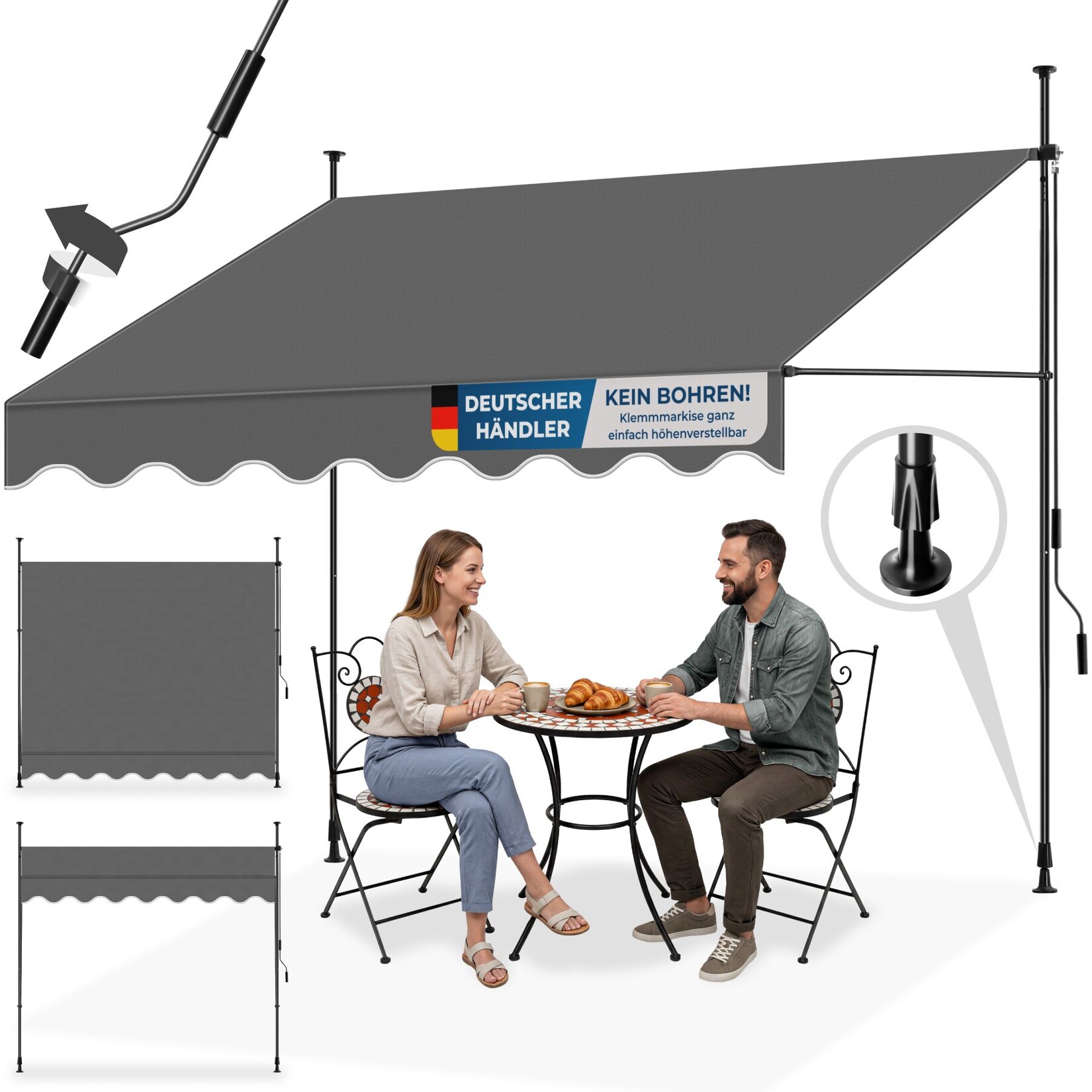tectake® Klemmmarkise, mit Handkurbel, höhenverstellbar 211 - 304 cm, einfache Montage