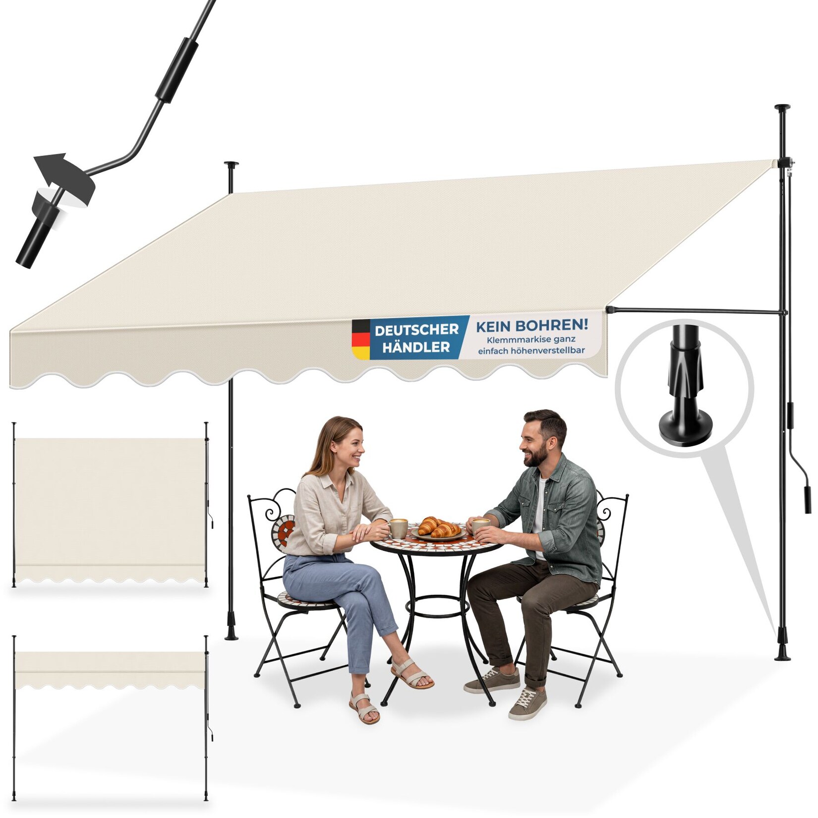 tectake® Klemmmarkise, mit Handkurbel, höhenverstellbar 211 - 304 cm, einfache Montage