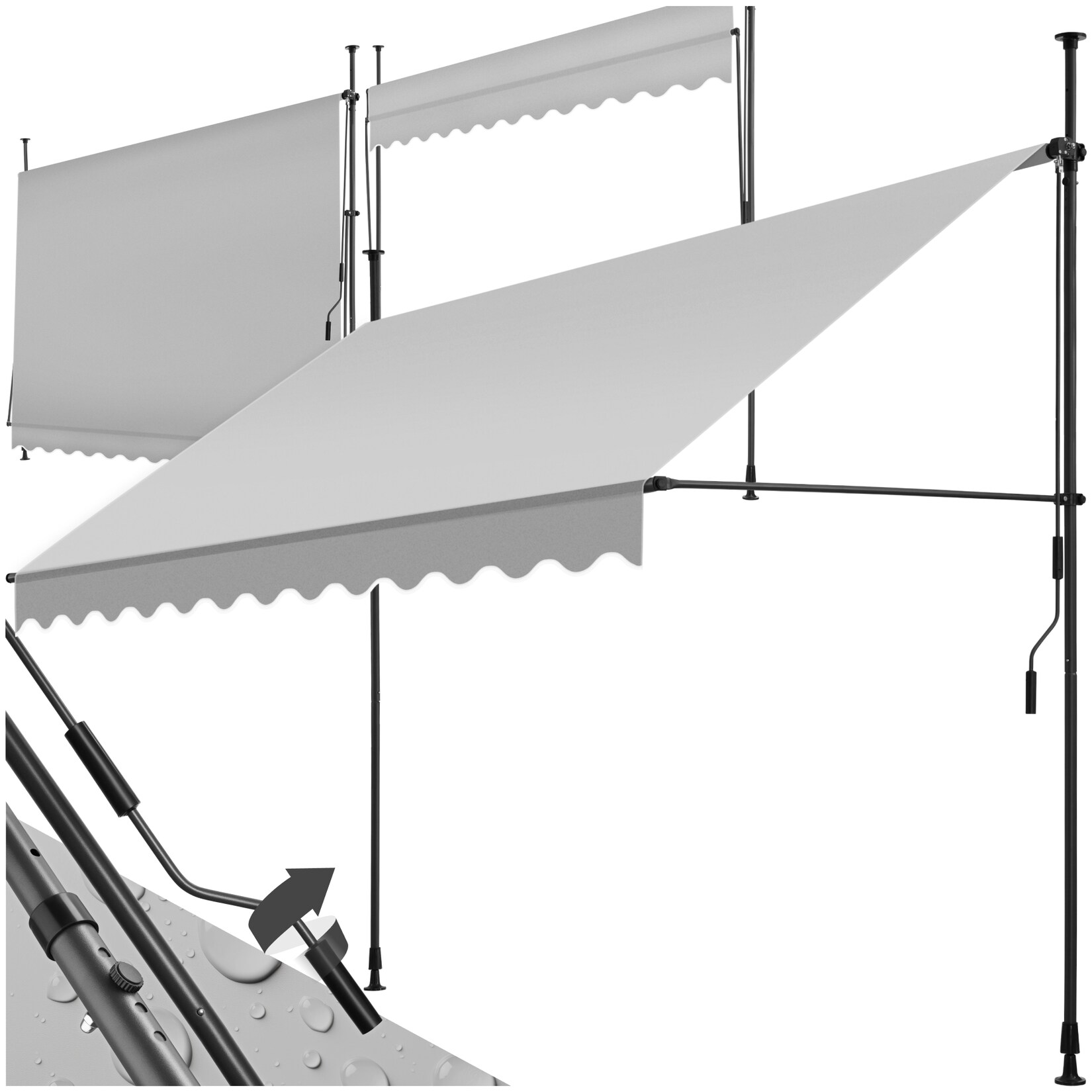 tectake® Klemmmarkise, mit Handkurbel, höhenverstellbar 211 – 304 cm, einfache Montage | 04061173255396