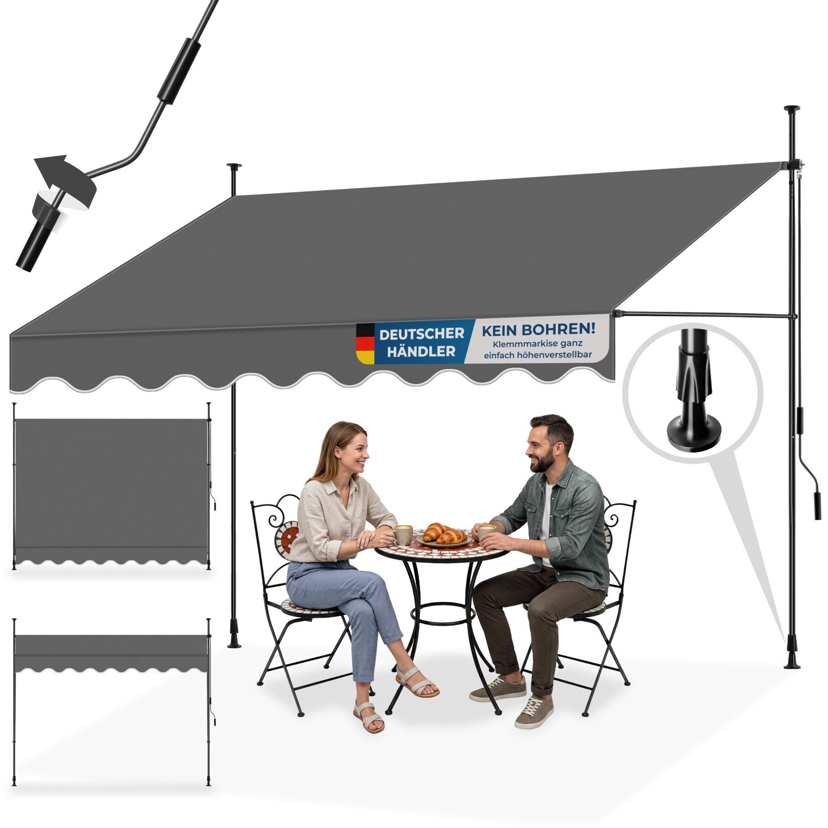 tectake® Klemmmarkise, mit Handkurbel, höhenverstellbar 211 - 304 cm, einfache Montage
