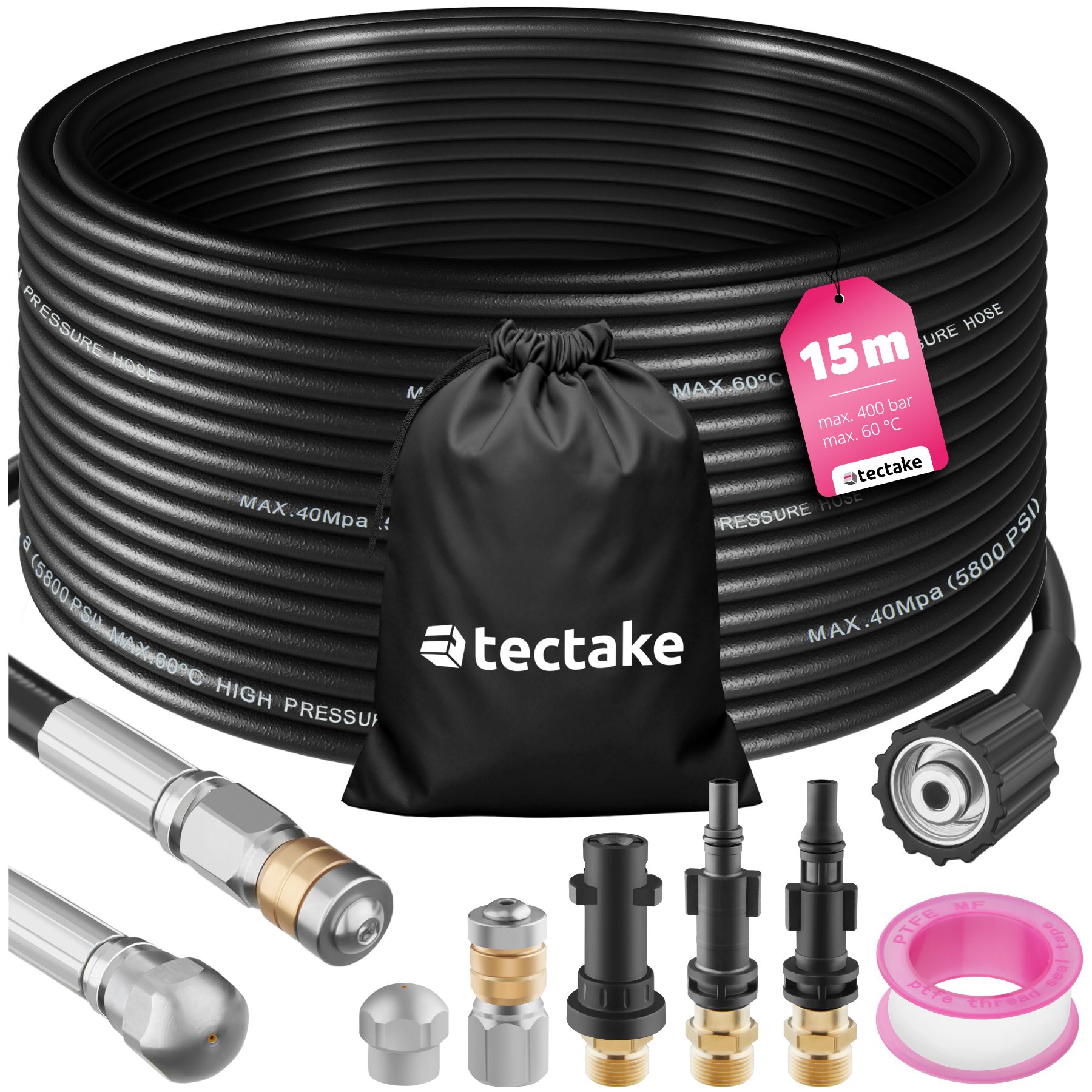 tectake&reg; Rohrreinigungsschlauch-Set, 8-teilig, in 2 Gr&ouml;&szlig;en, 3 Adapterst&uuml;cke, inkl. Aufbewahrungsbeutel - Bild 1