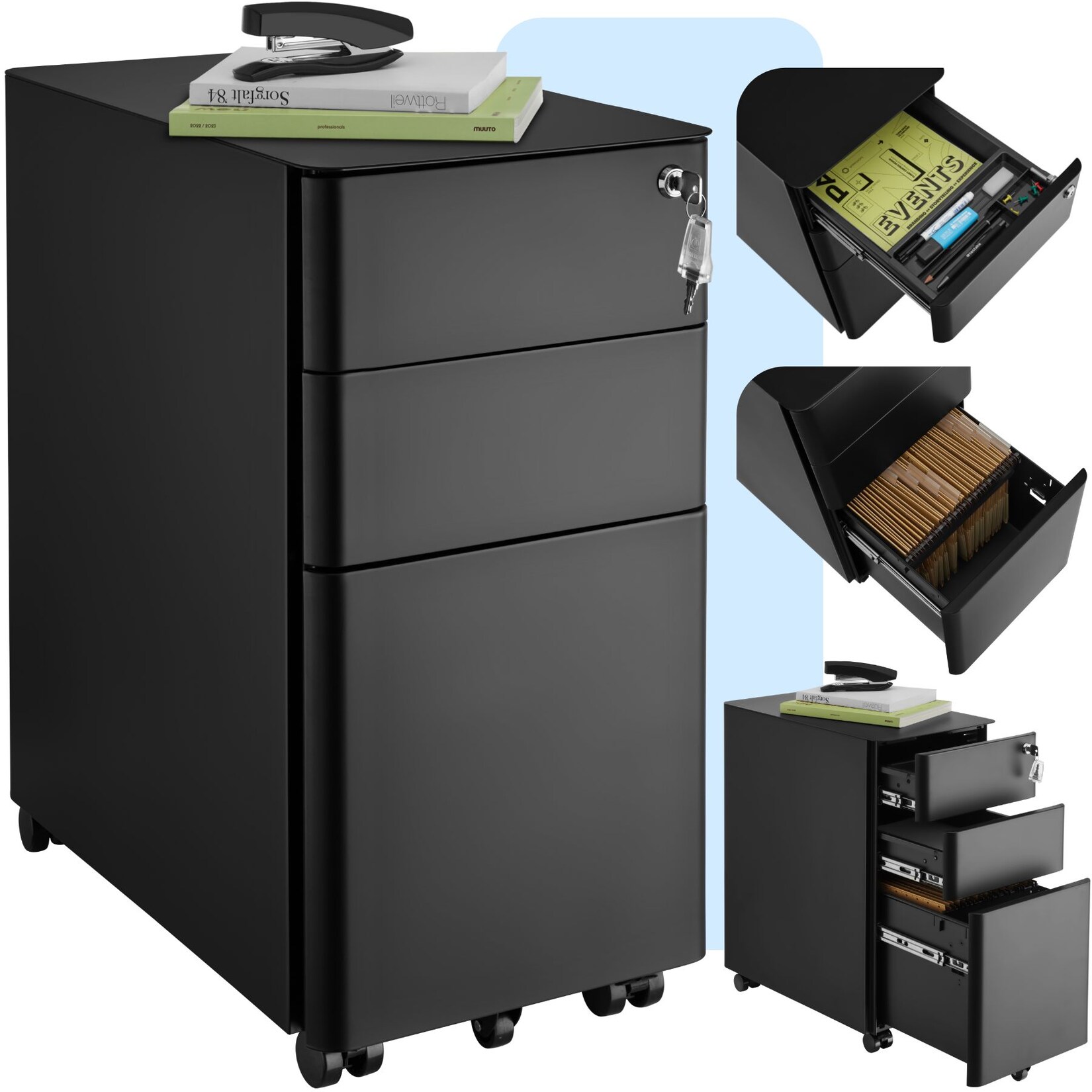 tectake® Aktenrollschrank, aus pulverbeschichtetem Stahl, herausnehmbarer Einsatz für Schreibutensilien, 30 x 50 x 59,5 cm | 04061173261427