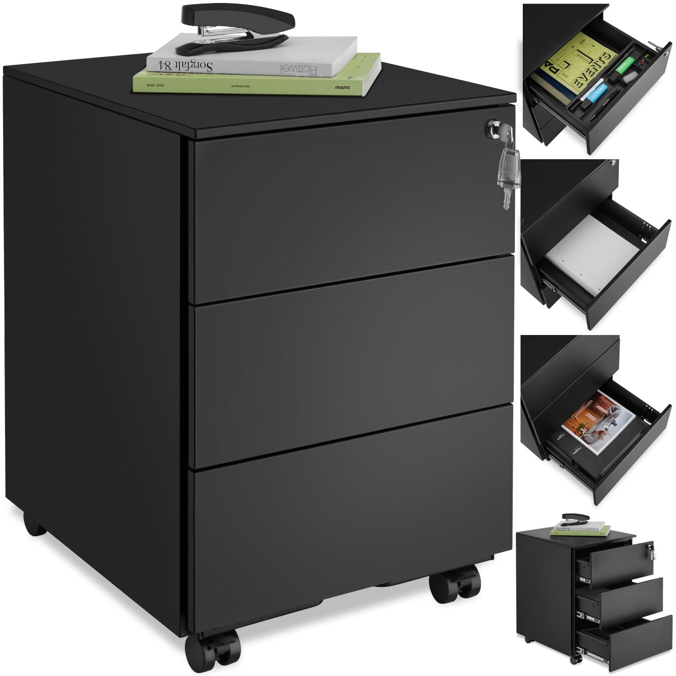 tectake® Aktenrollschrank, aus pulverbeschichtetem Stahl, herausnehmbarer Einsatz für Büroutensilien, 39 x 45 x 55 cm