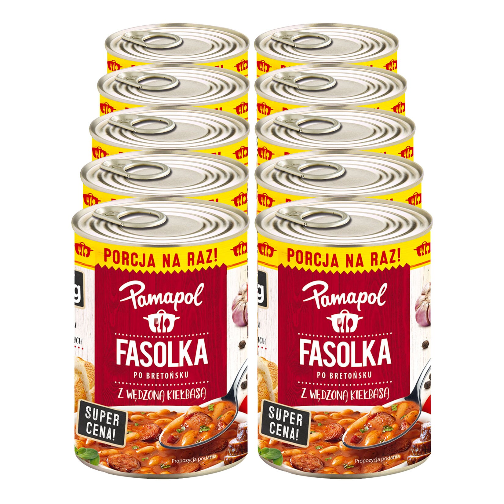 Pamapol "Fasolka" Weiße Bohnen mit Würstchen in Tomatensauce 380g, 10er Pack