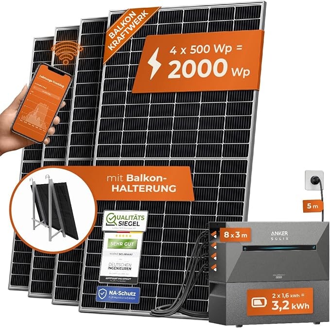 Solarway All In One Balkonkraftwerk 2000W Komplett mit 3,2 kWh Anker Solarbank 2 PRO Speicher, Plug&Play