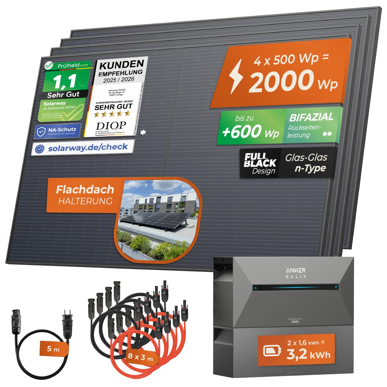 Solarway&reg; All In One Balkonkraftwerk mit Speicher 2000W komplett Steckdose - 1,6 kWh Anker Solix 2 PRO Speicher - Solaranlage Komplettset - 500W bifaziale Solarmodule & Anker Speicher & Zubeh&ouml;r - Bild 1