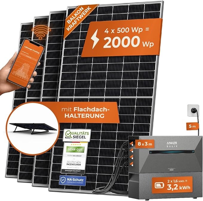 Solarway All In One Balkonkraftwerk 2000W Komplett mit 3,2 kWh Anker Solarbank 2 PRO Speicher, Plug&Play