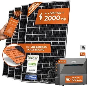 Solarway® All In One Balkonkraftwerk mit Speicher 2000W komplett Steckdose – 1,6 kWh Anker Solix 2 PRO Speicher – Solaranlage Komplettset – 500W bifaziale Solarmodule & Anker Speicher & Zubehör | 04262403073494