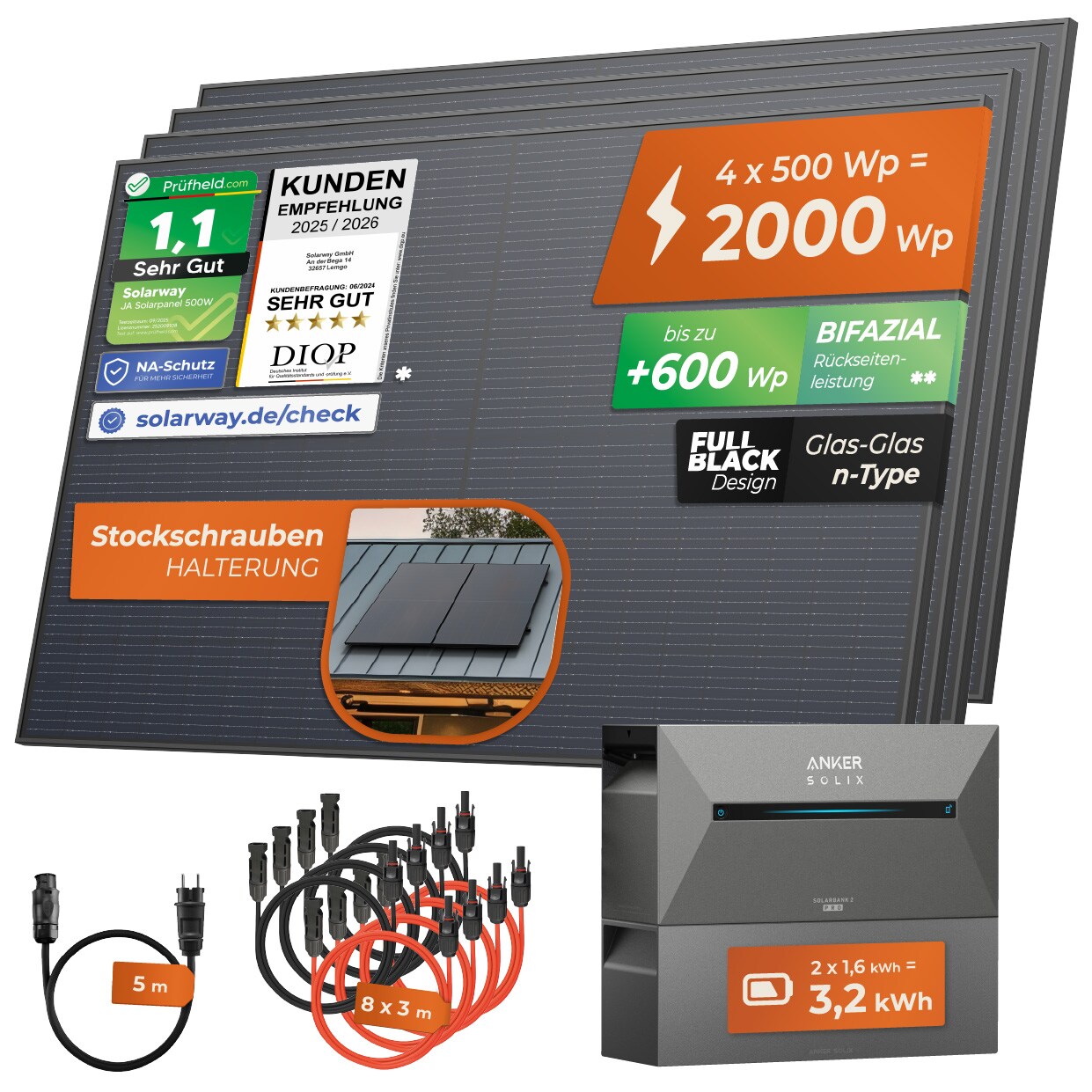Solarway&reg; All In One Balkonkraftwerk mit Speicher 2000W komplett Steckdose - 1,6 kWh Anker Solix 2 PRO Speicher - Solaranlage Komplettset - 500W bifaziale Solarmodule & Anker Speicher & Zubeh&ouml;r - Bild 1