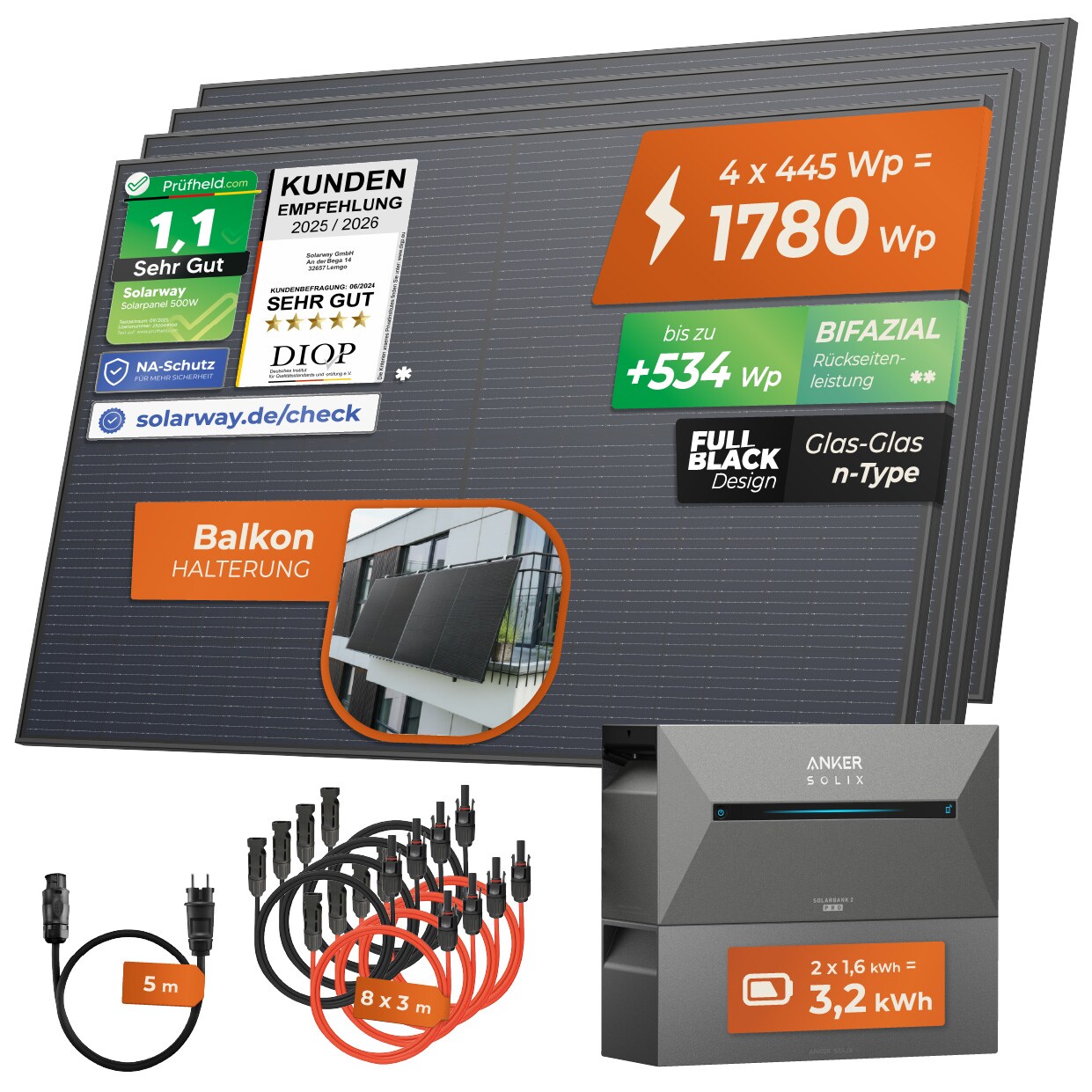 Solarway&reg; All In One Balkonkraftwerk mit Speicher 1780W komplett Steckdose - 3,2 kWh Anker Solix 2 PRO Speicher - Solaranlage Komplettset - 445W bifaziale Solarmodule & Anker Speicher & Zubeh&ouml;r - Bild 1