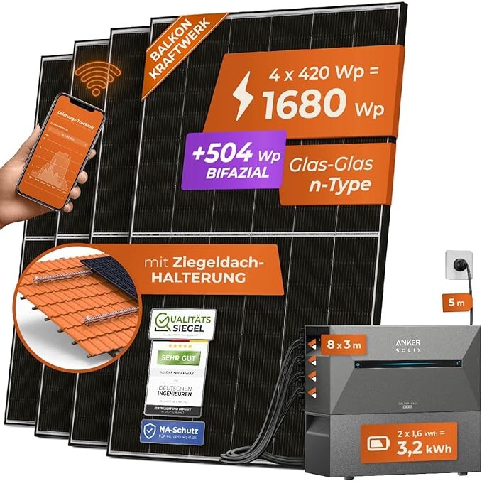 Solarway All In One 1800W/800W Balkonkraftwerk komplett Solarpaket mit 3,2 kWh Anker Solix 2 PRO Speicher, Plug&Play | 04262403073432
