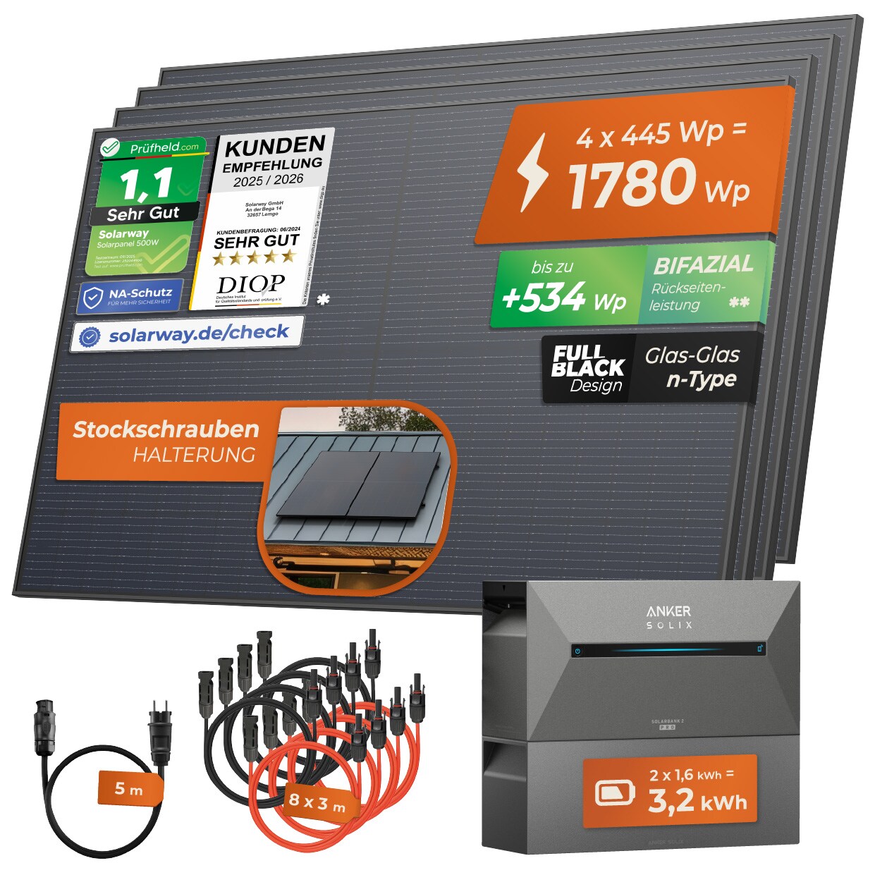 Solarway&reg; All In One Balkonkraftwerk mit Speicher 1780W komplett Steckdose - 3,2 kWh Anker Solix 2 PRO Speicher - Solaranlage Komplettset - 445W bifaziale Solarmodule & Anker Speicher & Zubeh&ouml;r - Bild 1