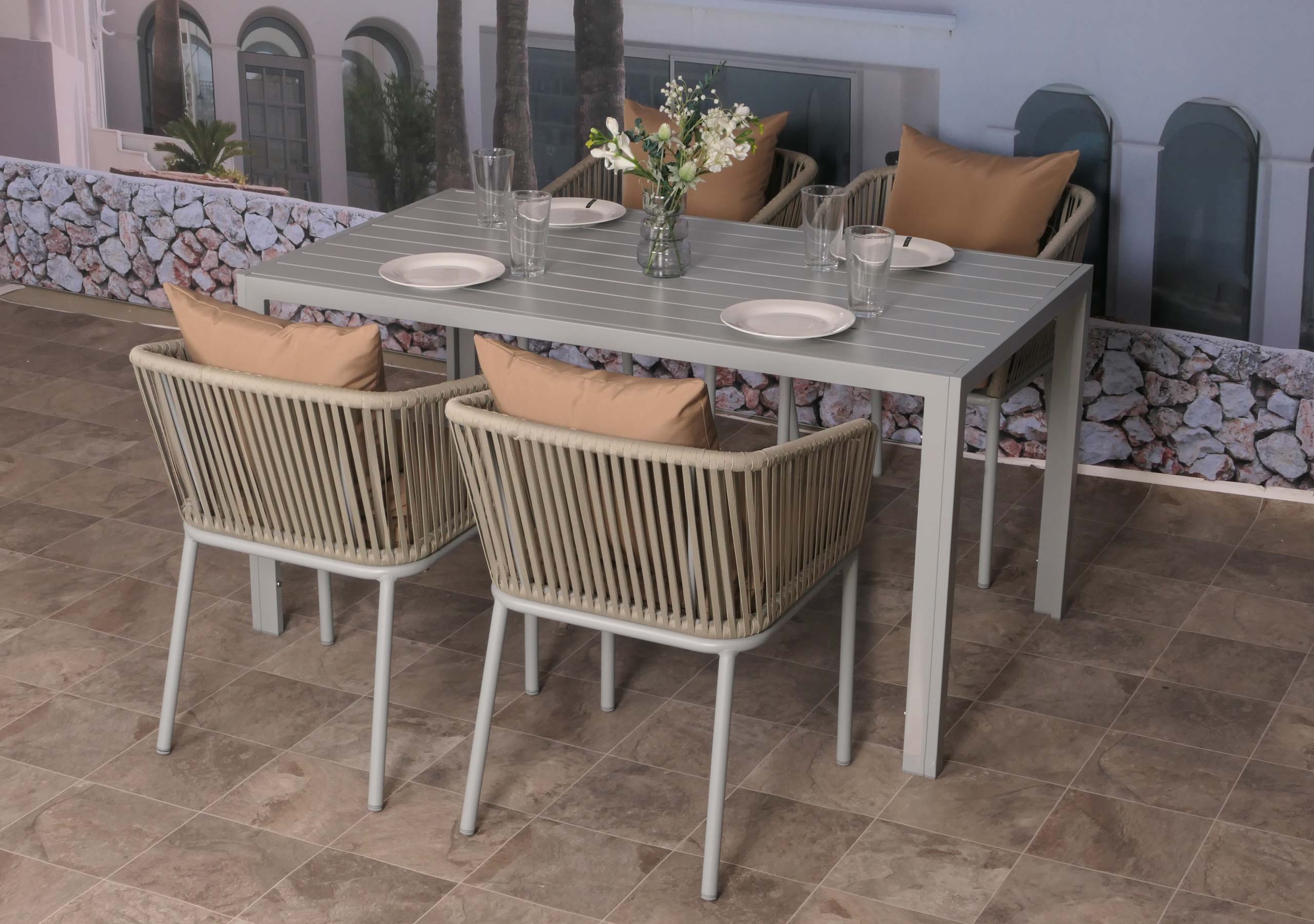 Gartengarnitur MCW-N41, Tisch+4xStuhl, wetterfest Alu 140x80cm, Seilgeflecht Rope ~ grau Kissen taupe - Bild 1