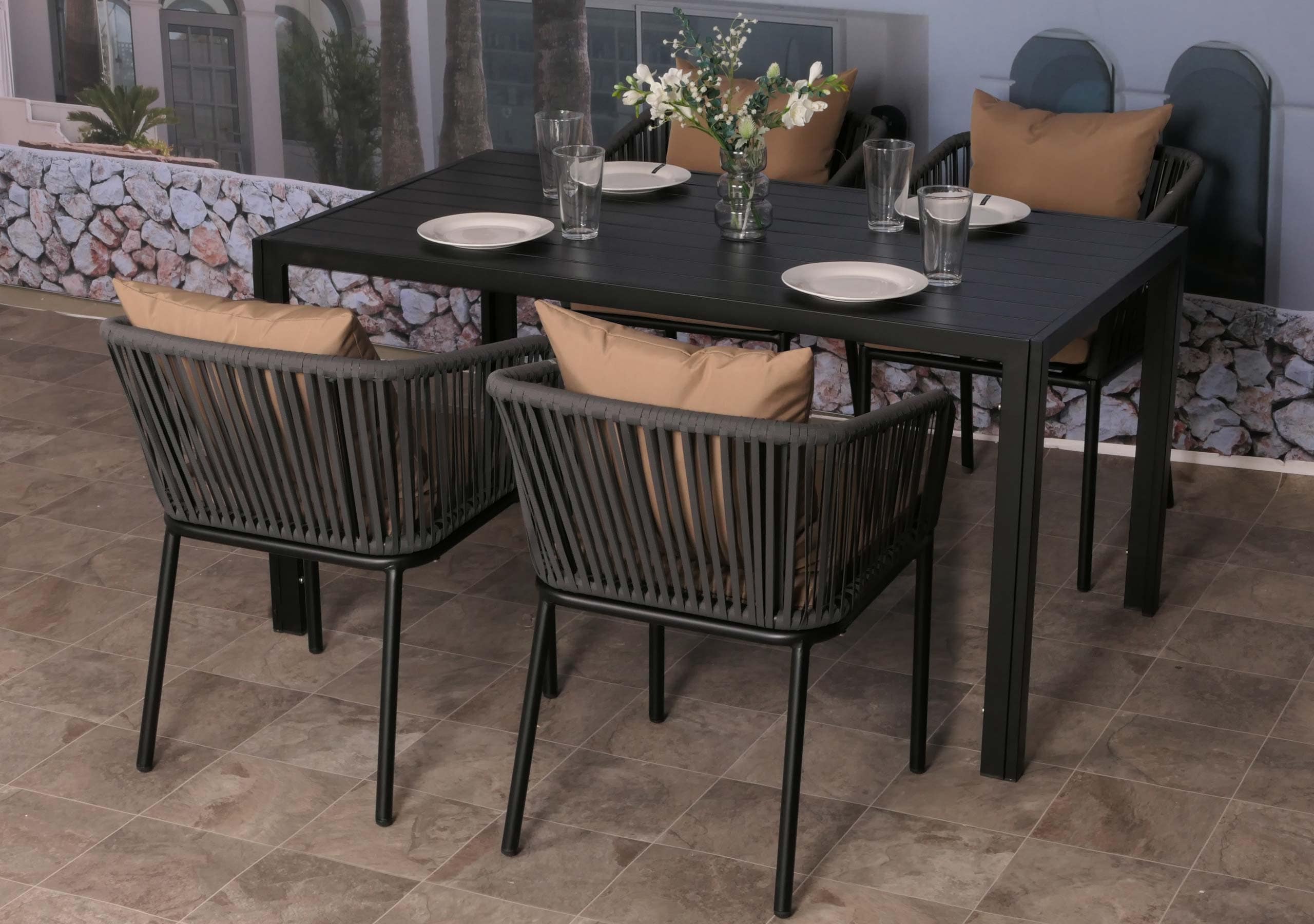 Gartengarnitur MCW-N41, Tisch+4xStuhl, wetterfest Alu 140x80cm, Seilgeflecht Rope ~ anthrazit Kissen taupe - Bild 1